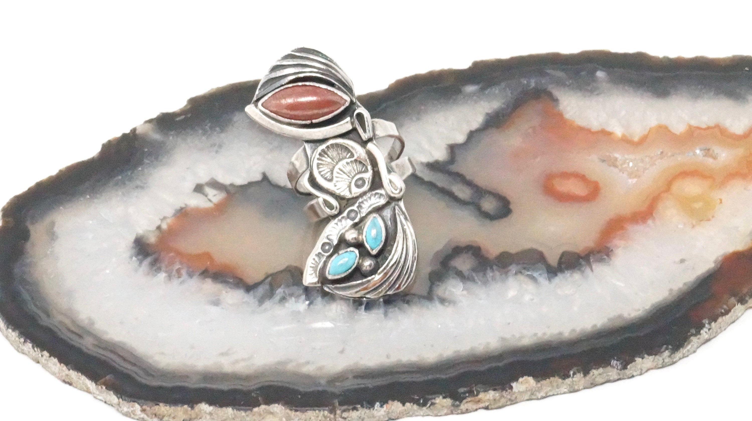 Native American Navajo Roger Skeet RS Turquoise Coral Sterling Silver Ring Sz 4