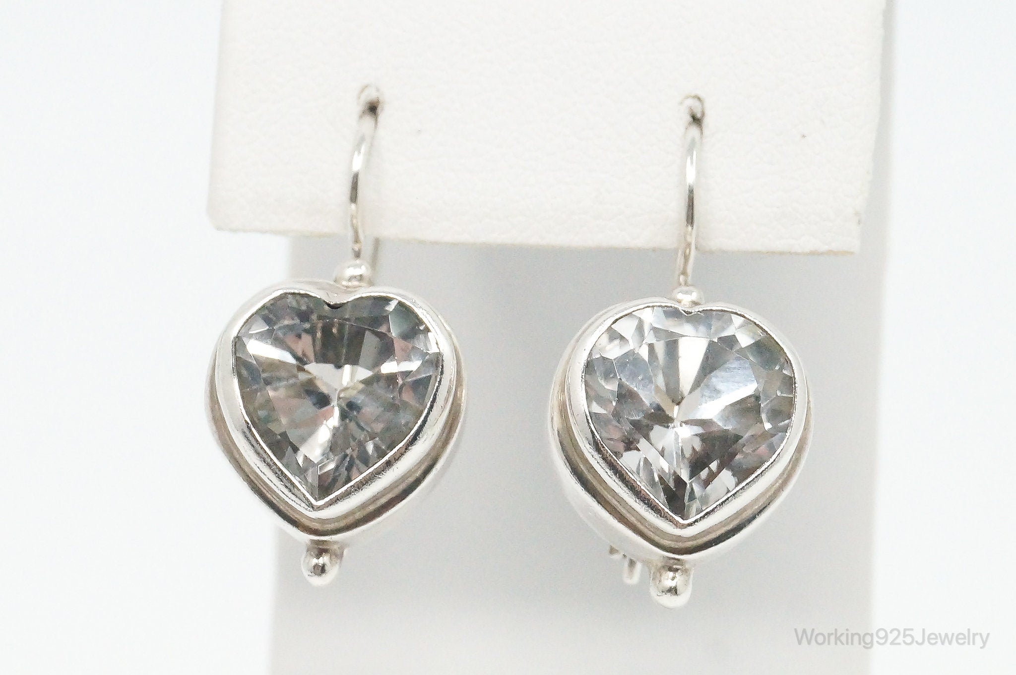 Vintage Large Cubic Zirconia Heart Sterling Silver Earrings