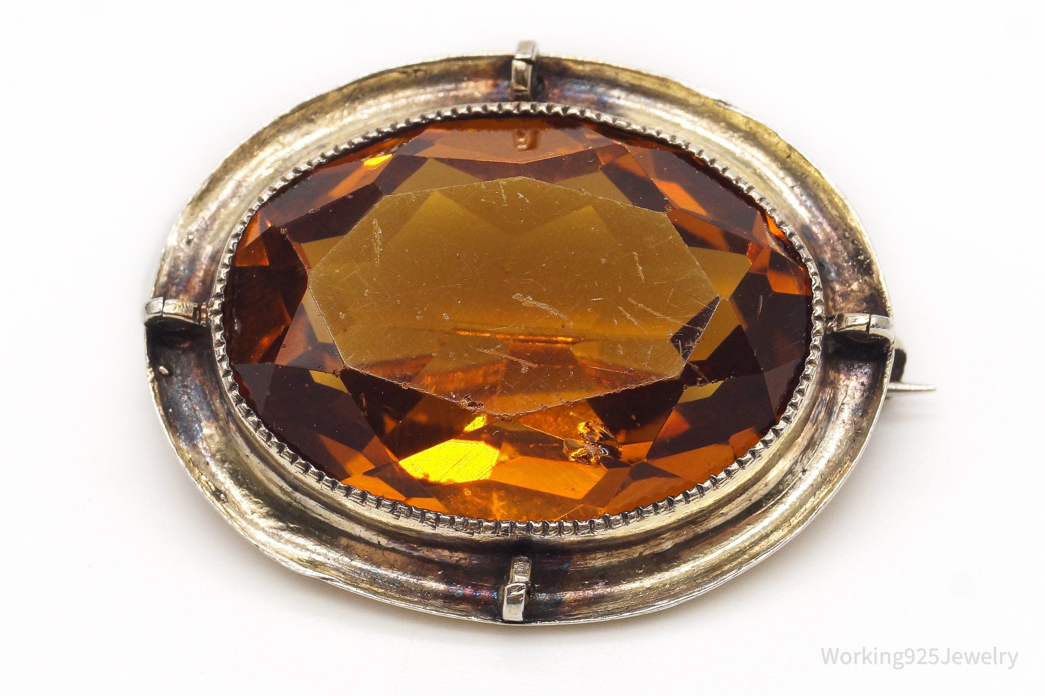 Antique Large Orange Glass Gold Tone Sterling Silver Brooch Pin