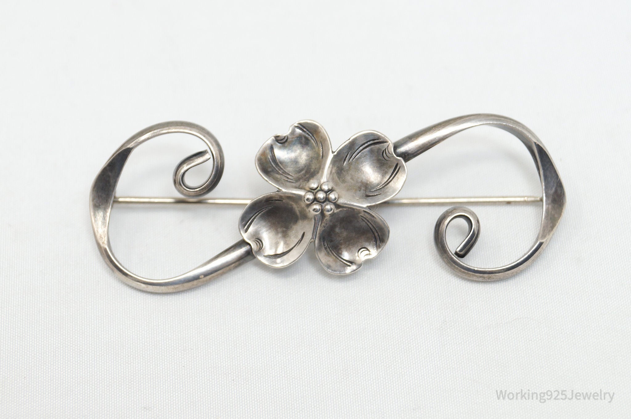 Large Vintage Designer NYE Modernist Dogwood Sterling Silver Brooch Pin