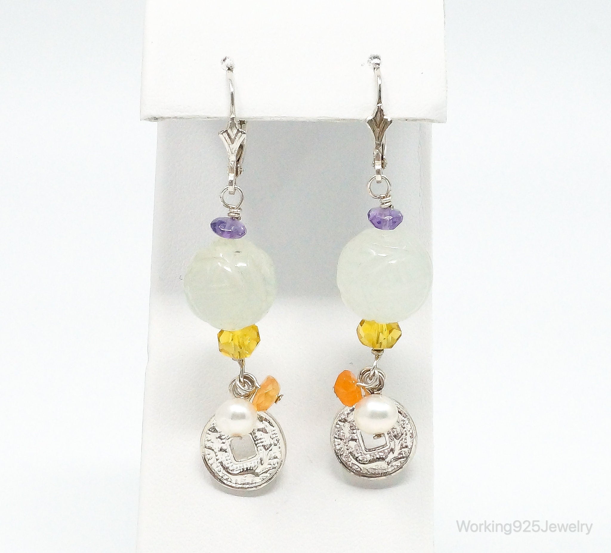 Vintage Jade Amethyst Citrine Pearl Chinese Coin Style Sterling Silver Earrings