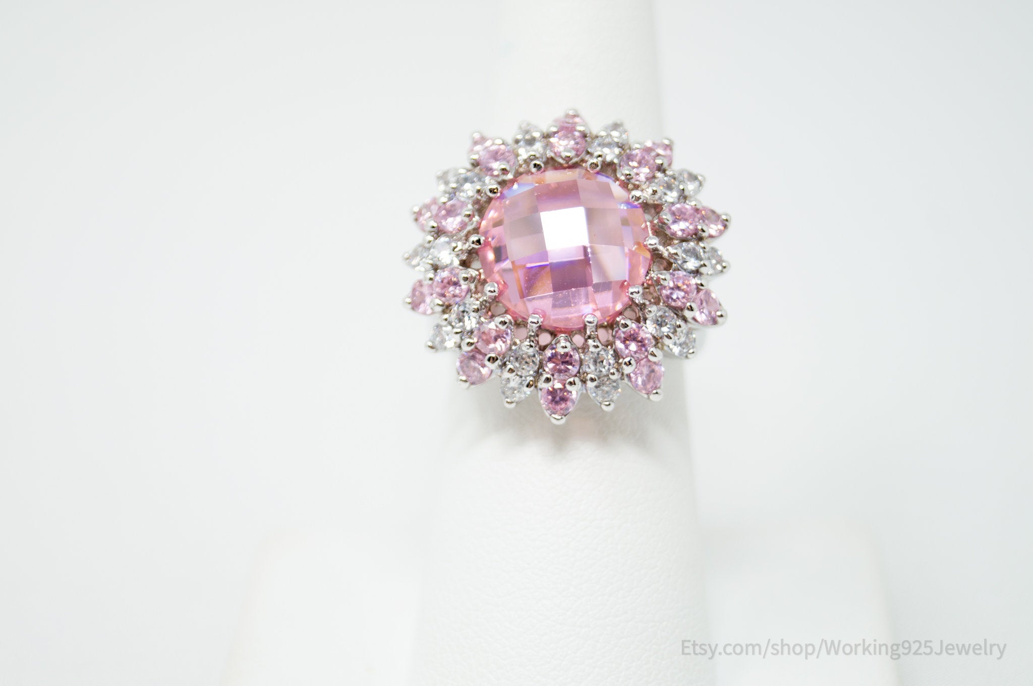 Vintage Art Deco Style Pink Topaz CZ Cluster Sterling Silver Ring - Size 6.75