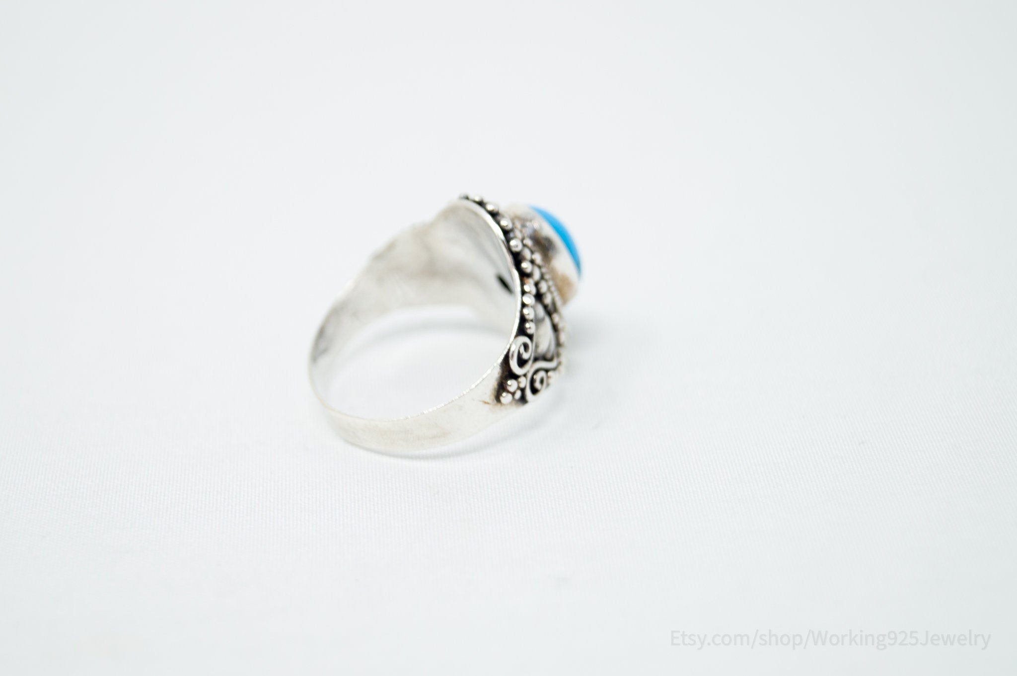 Vintage Bali Style Turquoise Filigree Sterling Silver Band Ring - Size 7.25