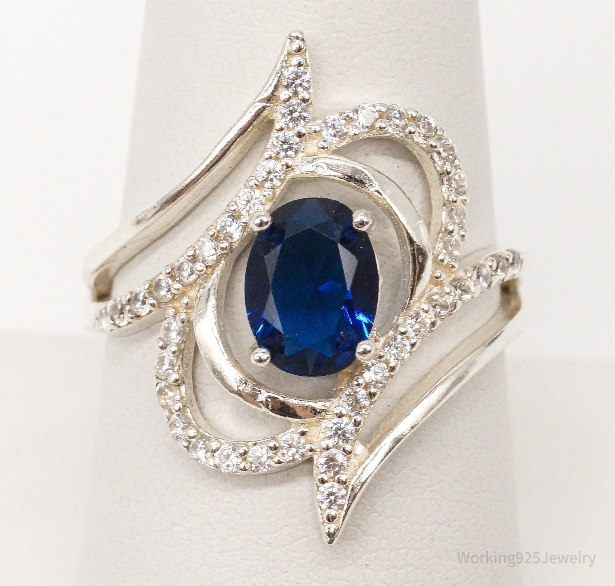 Vintage Lab Sapphire Cubic Zirconia Sterling Silver Ring - Size 8.75