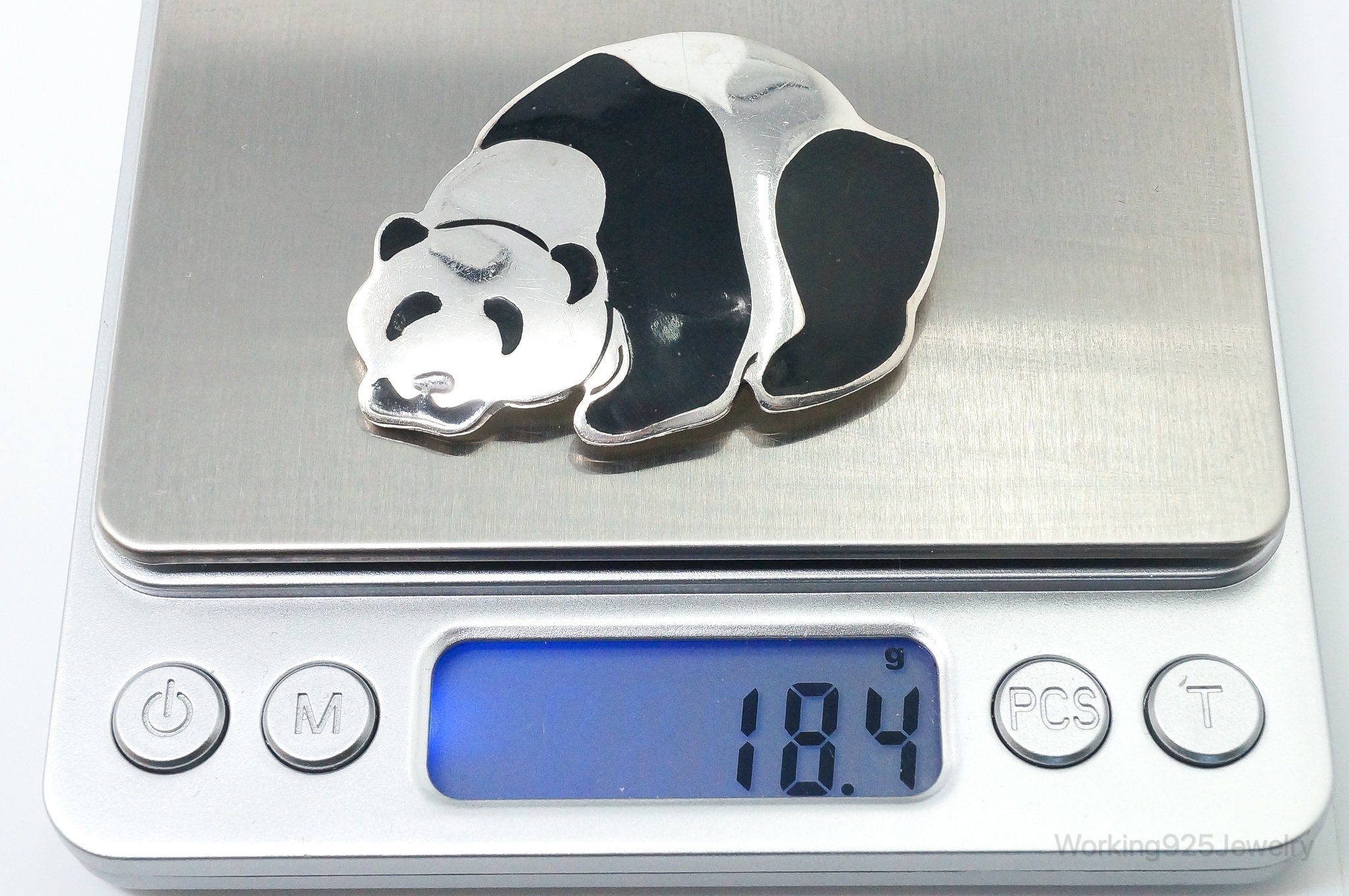 Large Vintage Mexico Enamel Panda Sterling Silver Brooch Pendant