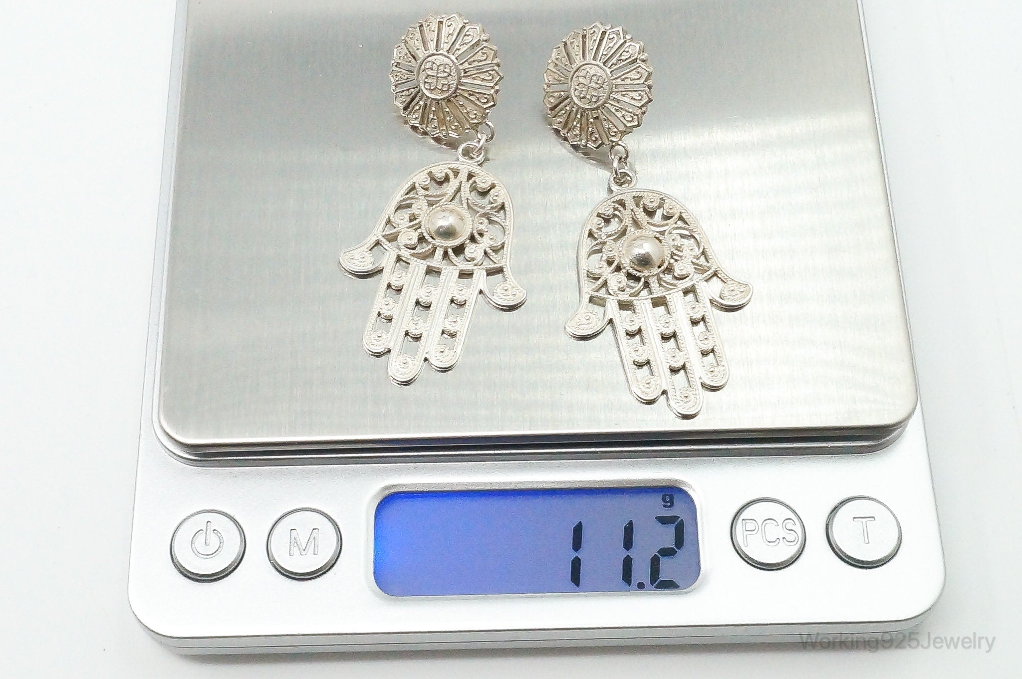 Large Vintage Hamsa Hands Sterling Silver Earrings