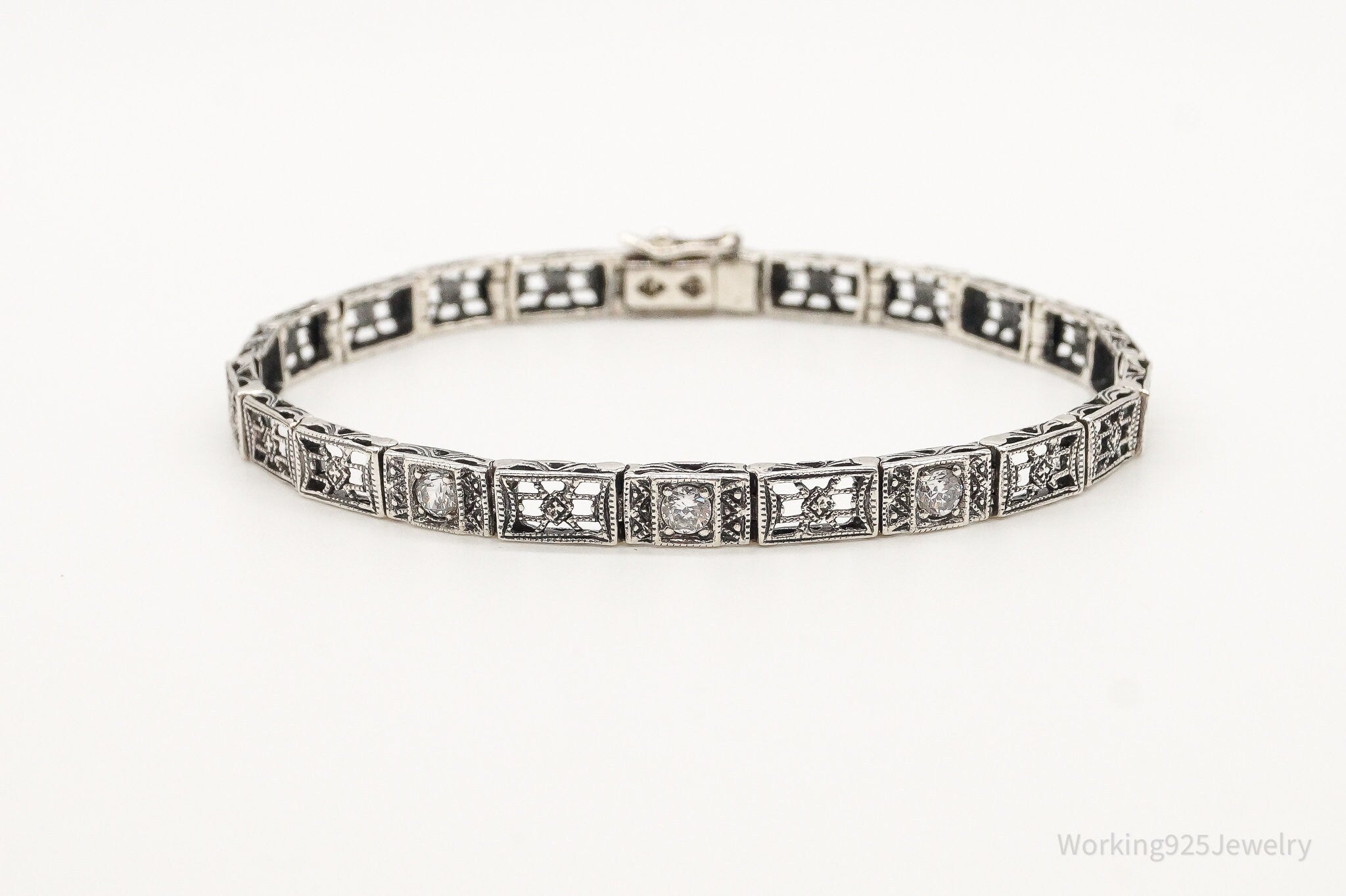 Vintage Cubic Zirconia Art Deco Sterling Silver Bracelet