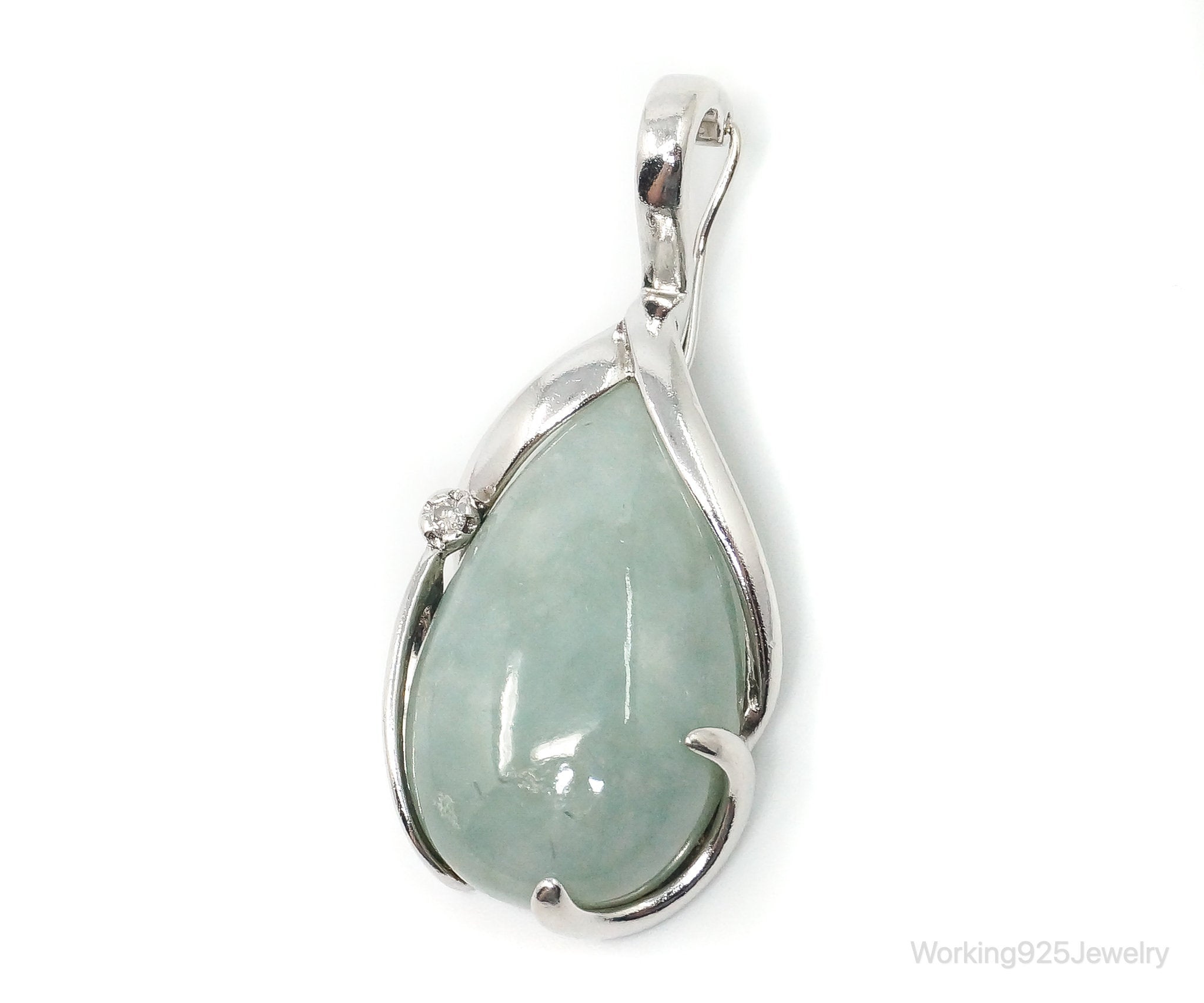 Designer EA Large Green Jade Diamond Sterling Silver Pendant