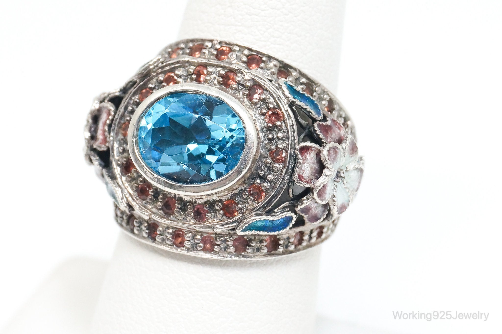 Vintage Blue Topaz CZ Accented Enamel Sterling Silver Ring - SZ 7.25