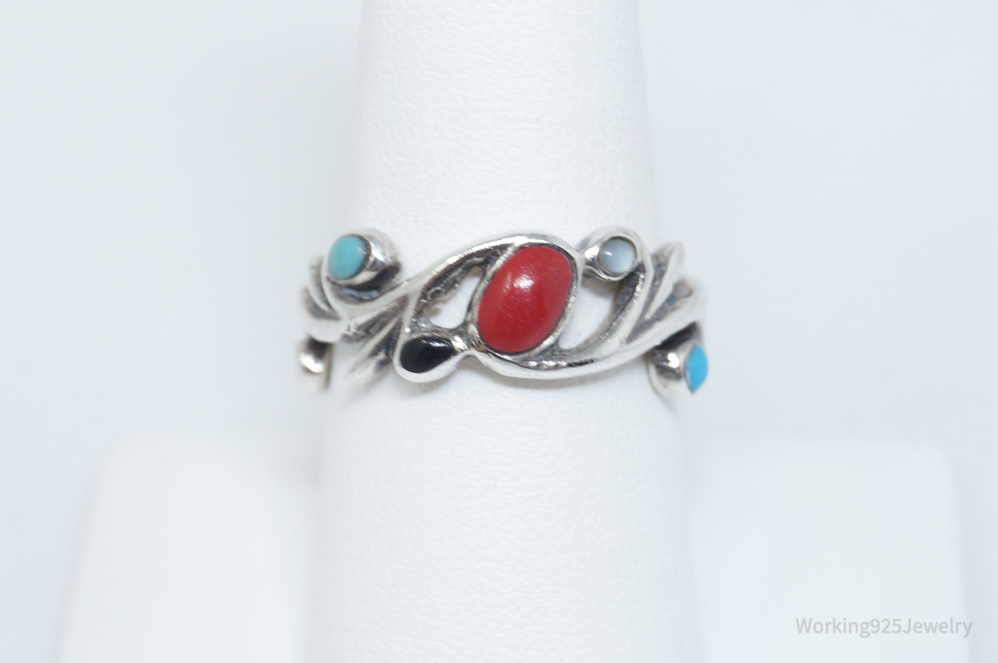 Vintage Art Nouveau Style Scroll Swirl Multi Gem Ring Sterling Silver - Size 8