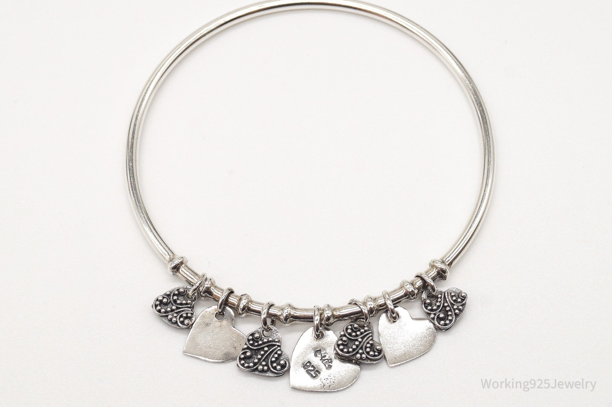 Vintage Heart Charms Sterling Silver Bangle Bracelet