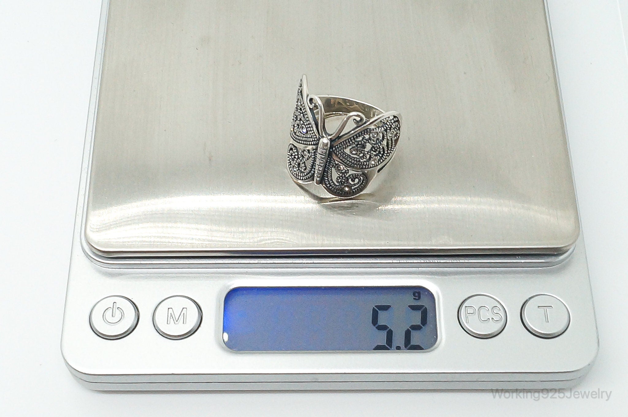 Vintage Butterfly Cubic Zirconia Scroll Sterling Silver Ring - Size 9.5