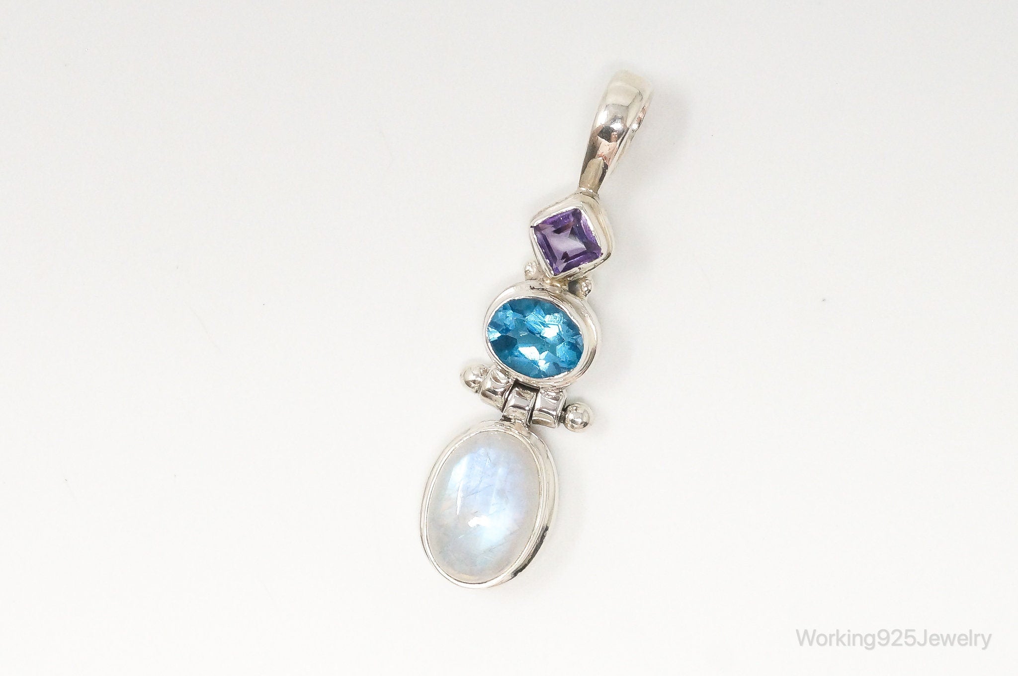 Large Vintage Blue Topaz Amethyst Moonstone Sterling Silver Pendant