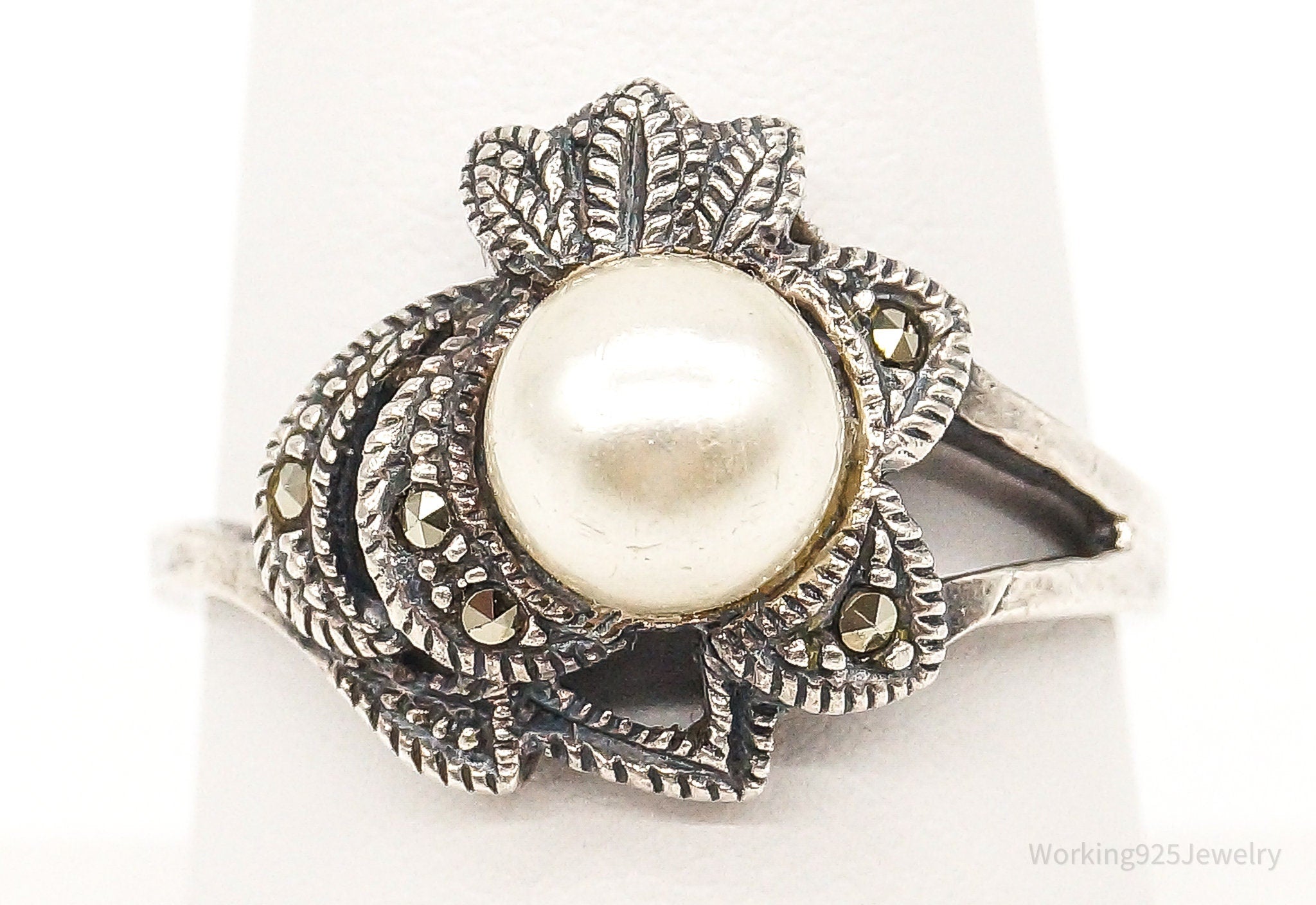 Vintage Faux Pearl Marcasite Sterling Silver Ring - Size 8