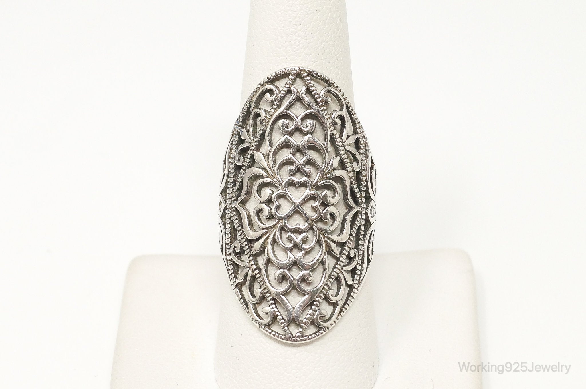 Vintage Long Scroll Swirls Filigree Sterling Silver Ring - Size 9.25