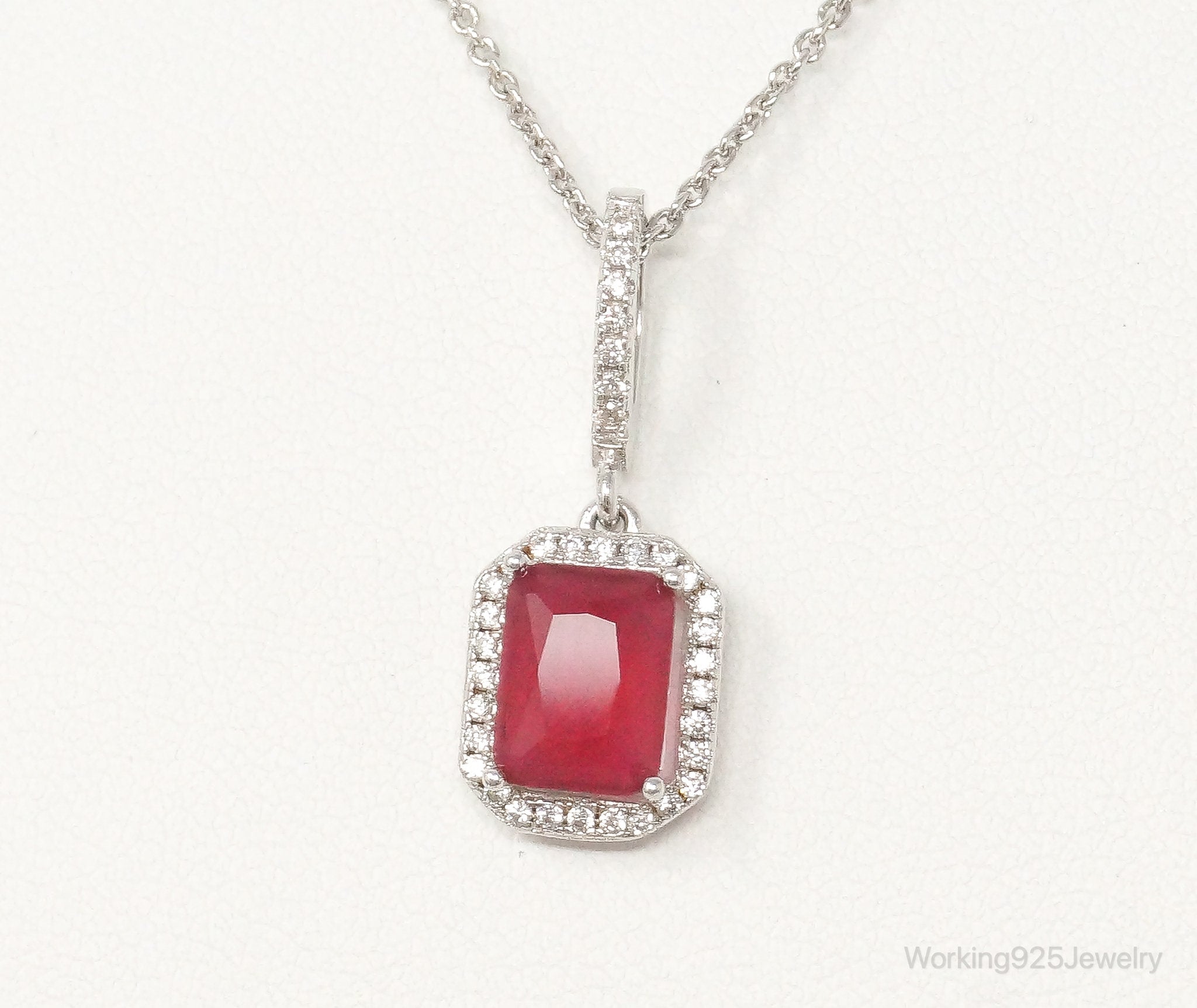 Vintage Art Deco Ruby Cubic Zirconia Sterling Silver Necklace