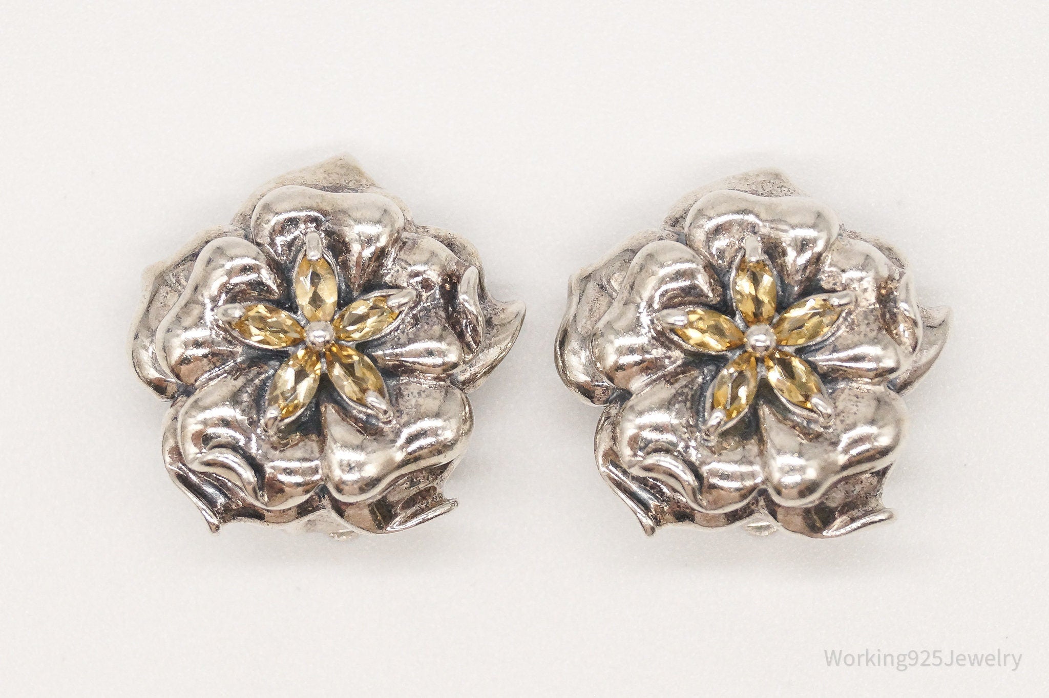 Designer Ross Simons Retired Citrine Flower Sterling Silver Clip On Earrings