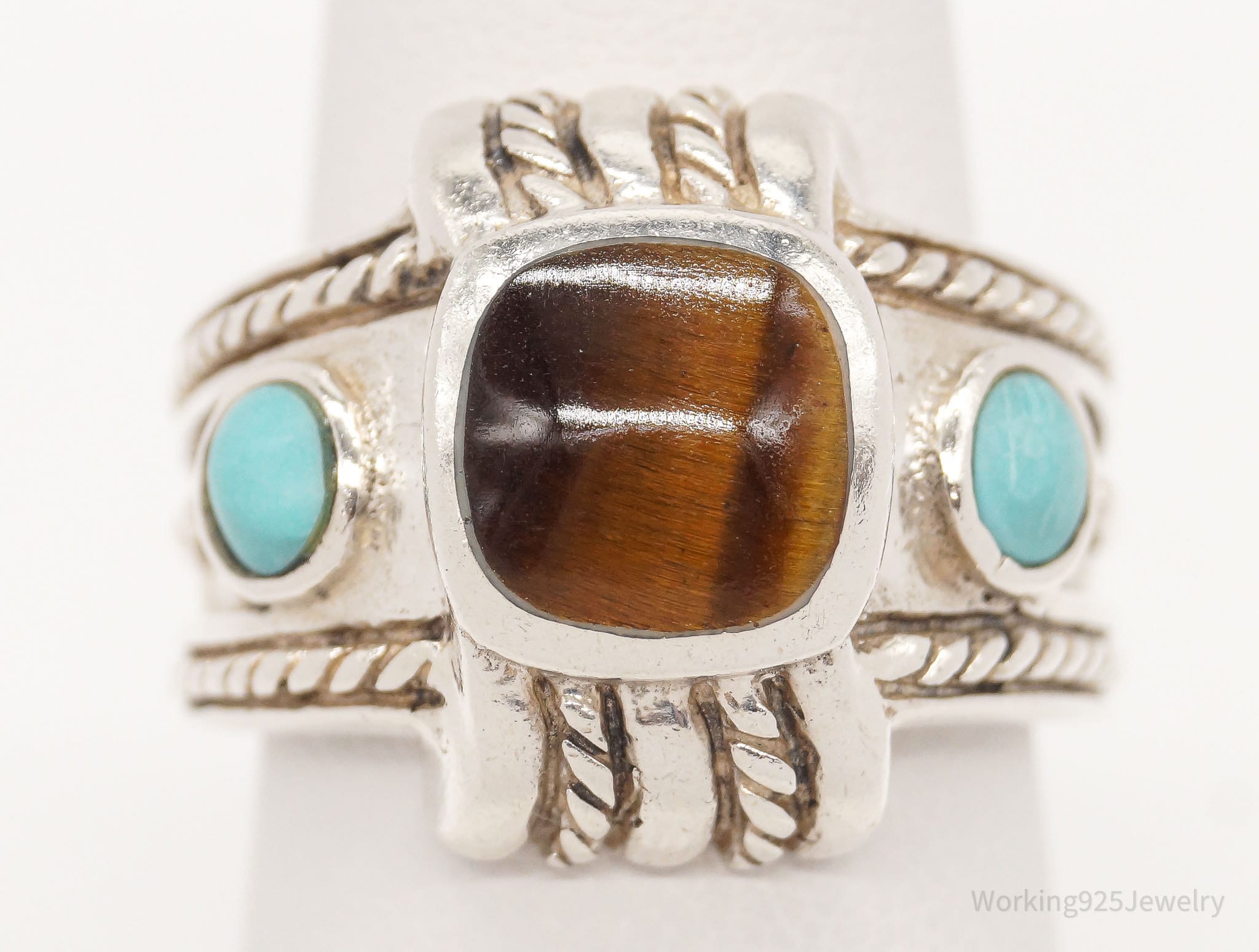 Vintage Designer CFJ Tigers Eye Turquoise Sterling Silver Ring - Size 7.75