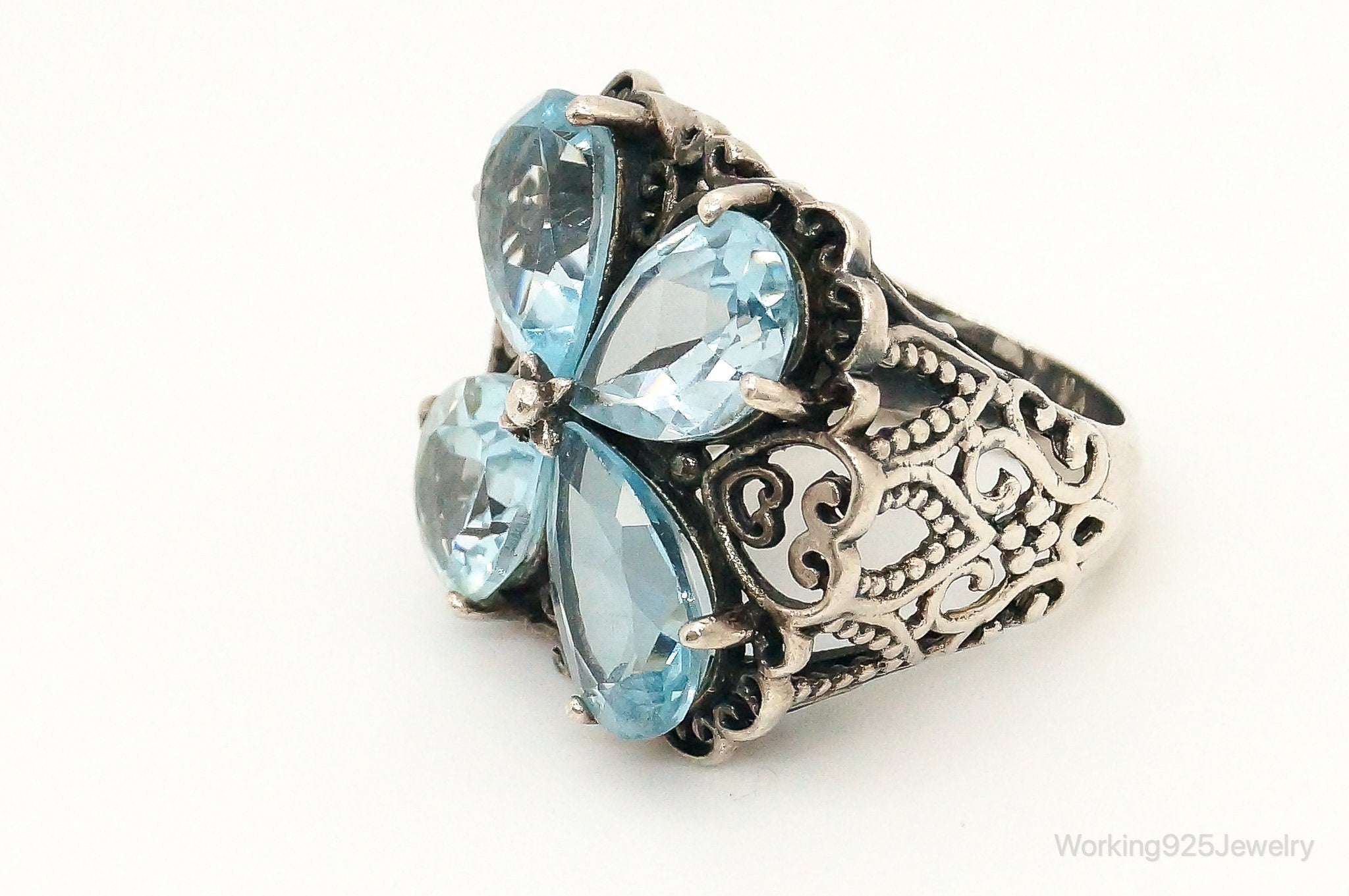 Vintage Blue Topaz Flower Sterling Silver Ring - Size 7