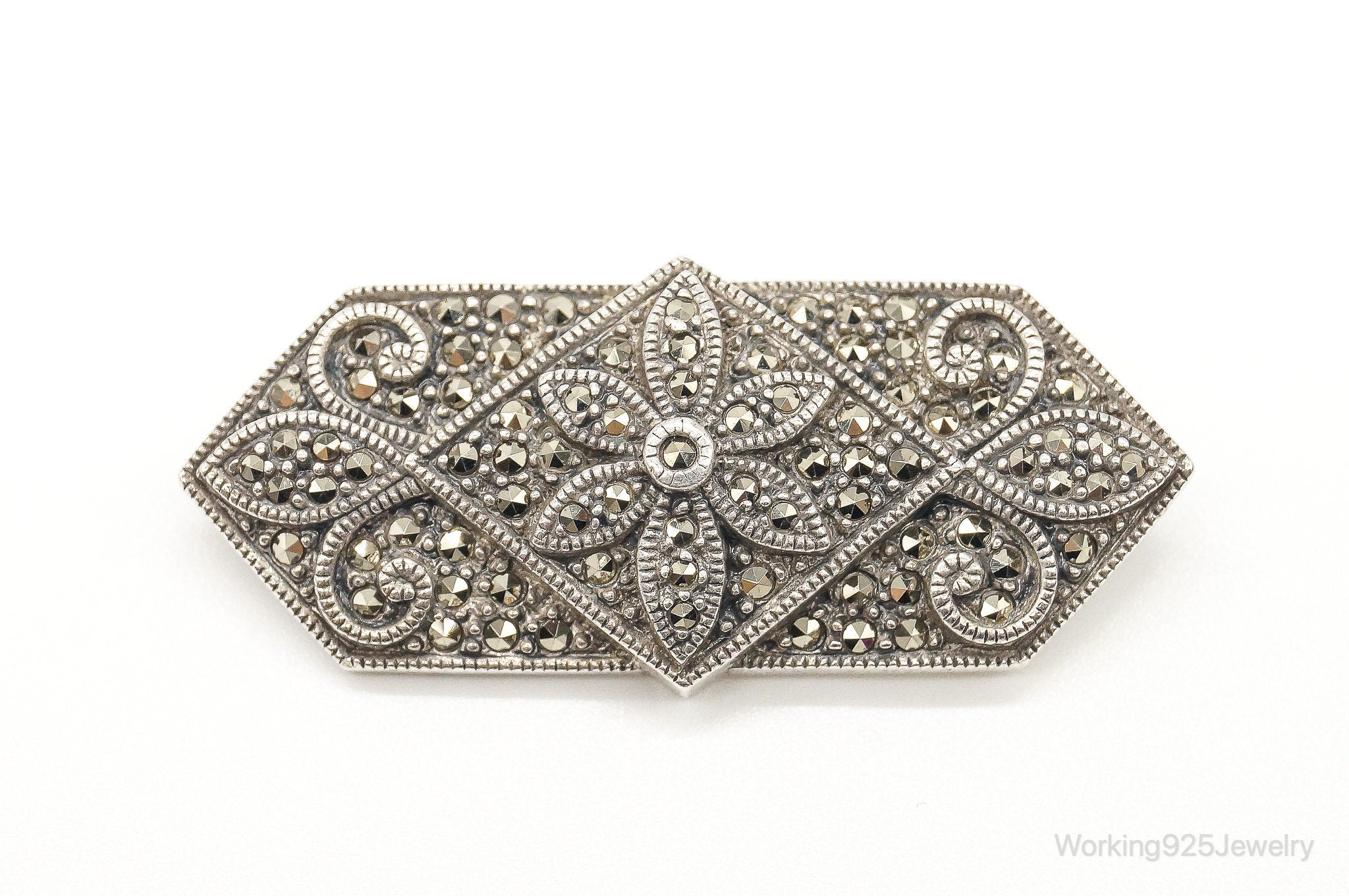 Long Vintage Judith Jack Marcasite Art Deco Sterling Silver Brooch Pin