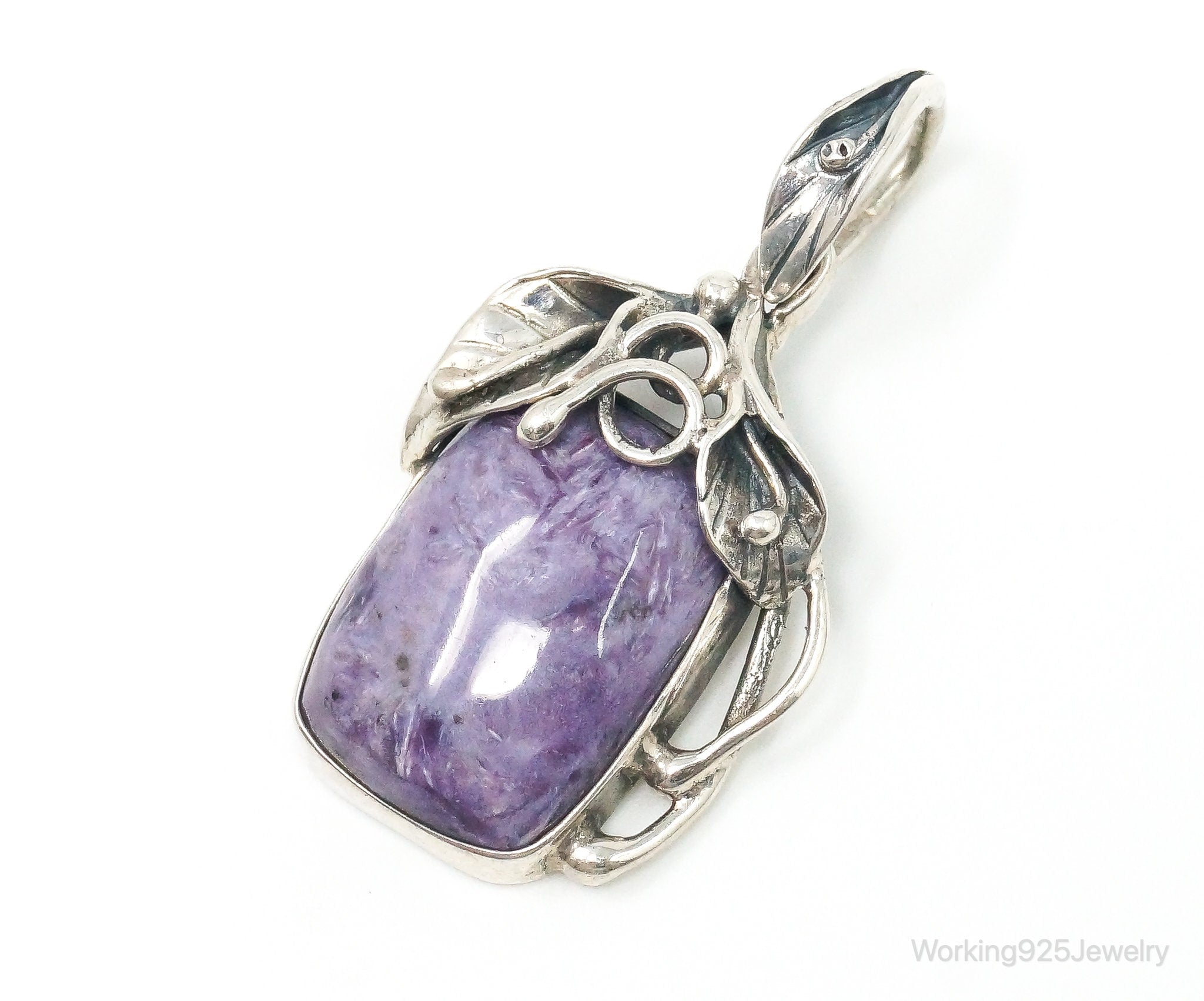 Vintage Large Charoite Sterling Silver Necklace Pendant