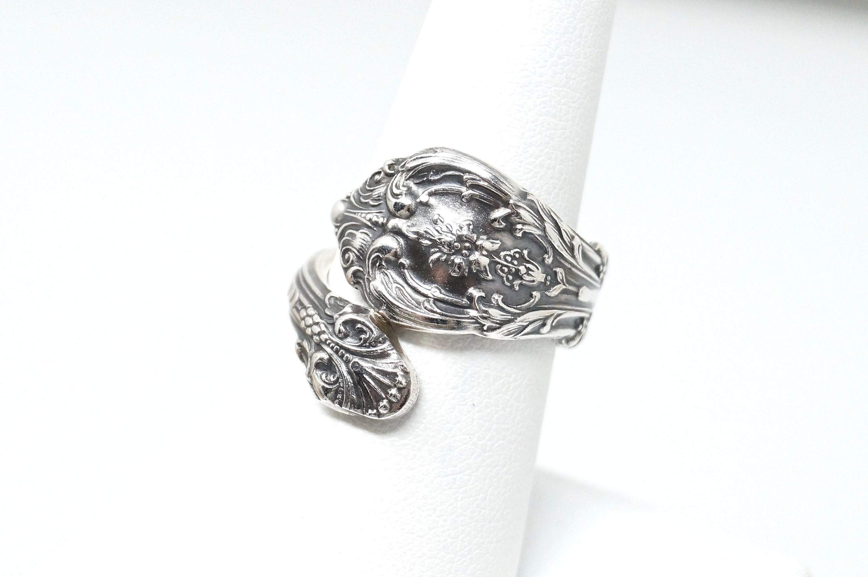 Antique GORHAM Art Deco Floral Repousse Sterling Silver Wrap Spoon Ring Sz 7.5