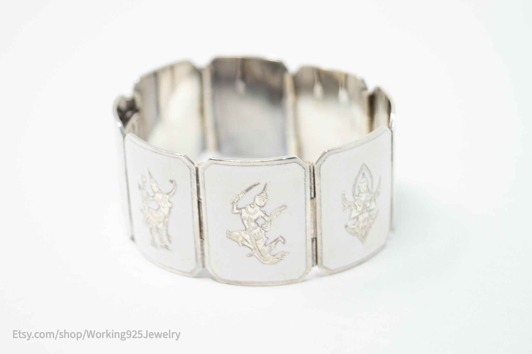 Rare Vintage Siam Niello Sterling Silver Dancer Panel White Enamel Bracelet