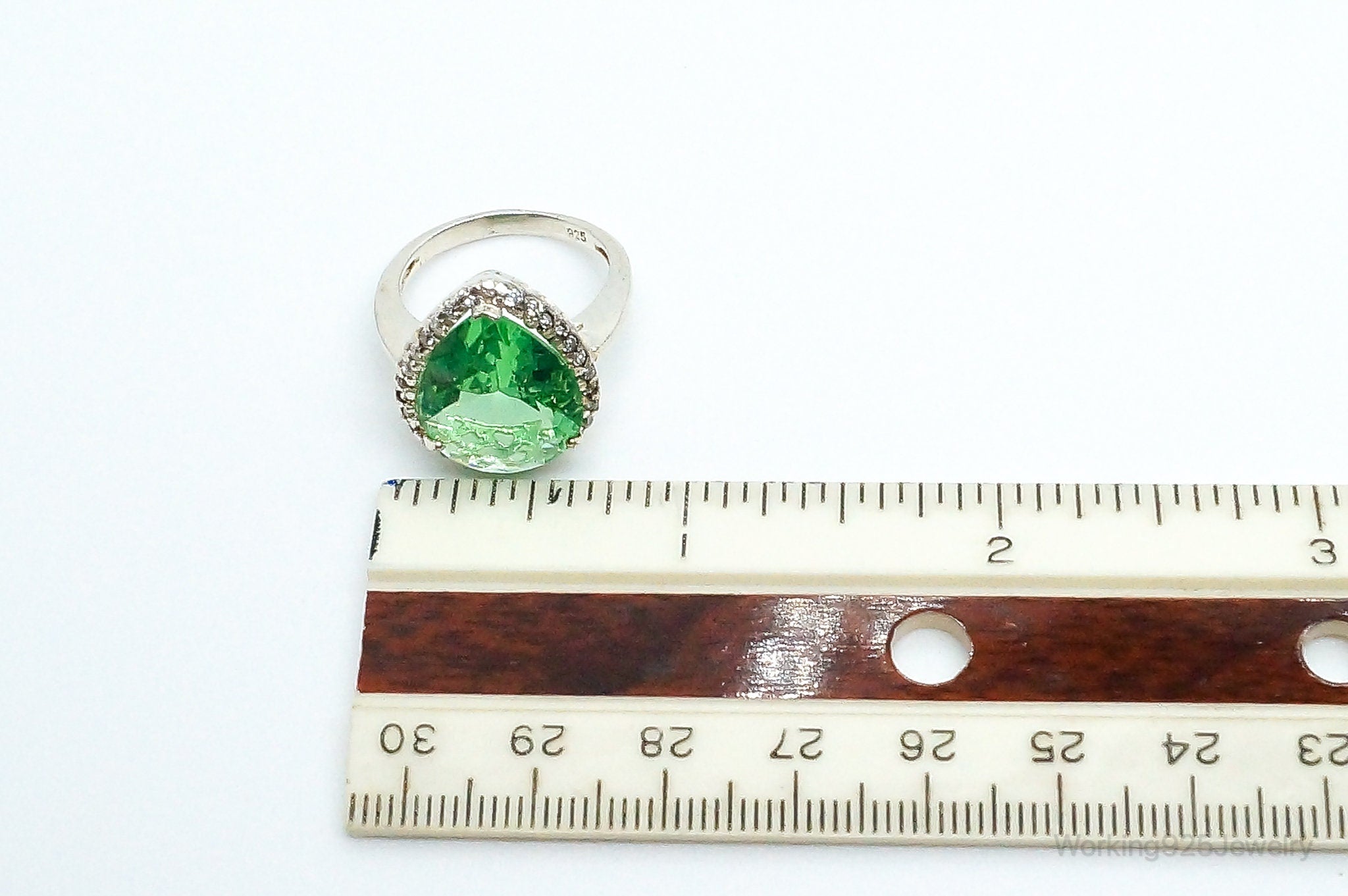 Large Green Glass Cubic Zirconia Sterling Silver Ring Size 7.5