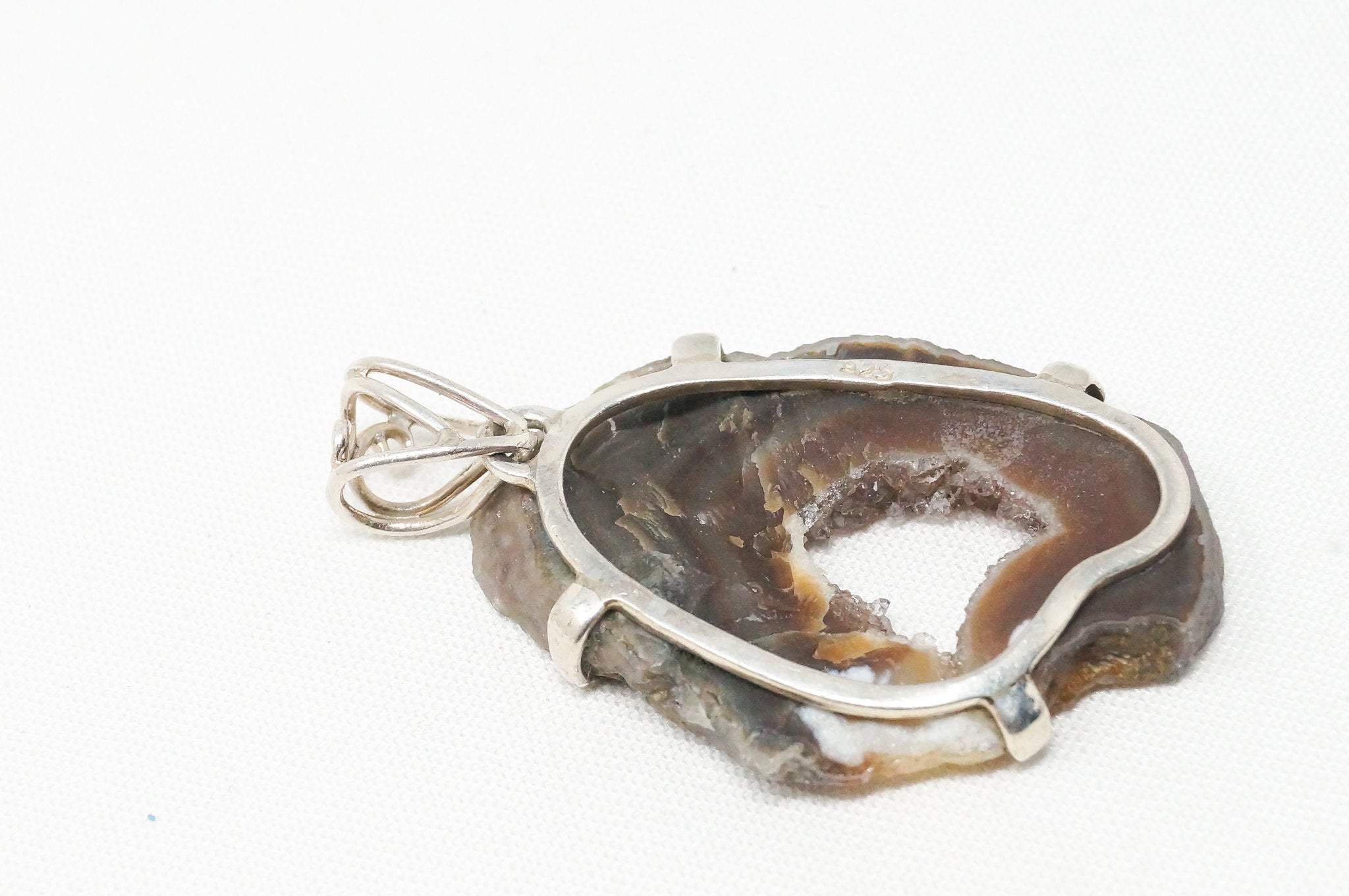 Vintage Large Brown Crazy Lace Agate Sterling Silver Necklace Pendant