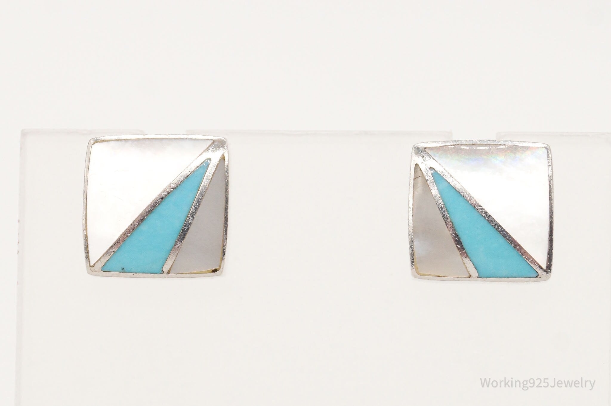 Vintage 90s Designer Acleoni Mother Of Pearl Turquoise Sterling Silver Earrings