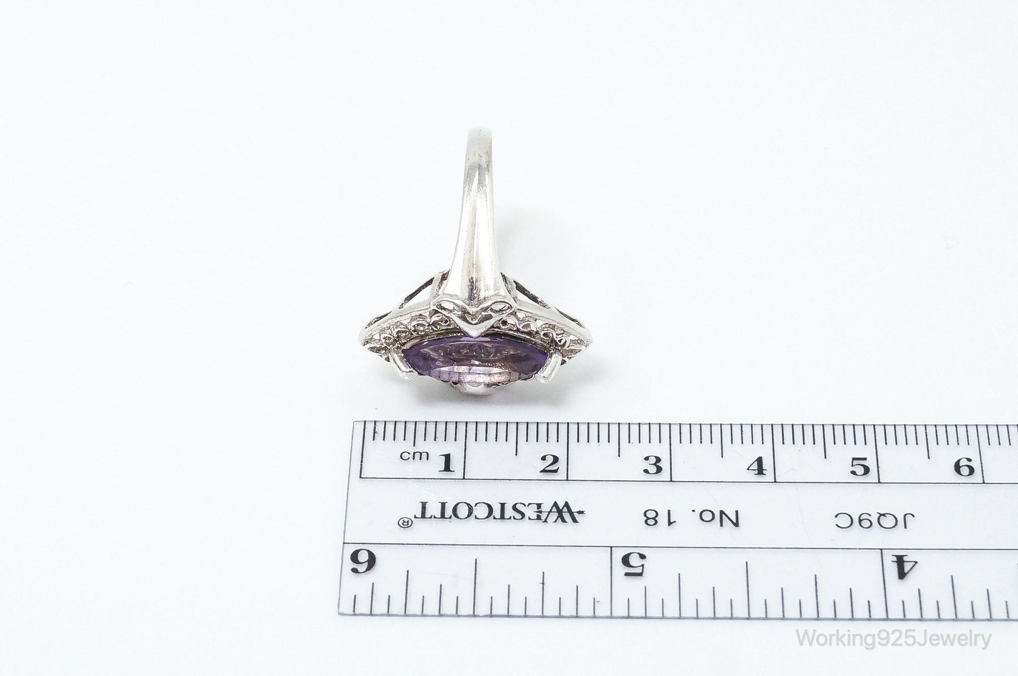 Vintage Art Deco Amethyst Sterling Silver Ring - SZ 9.25