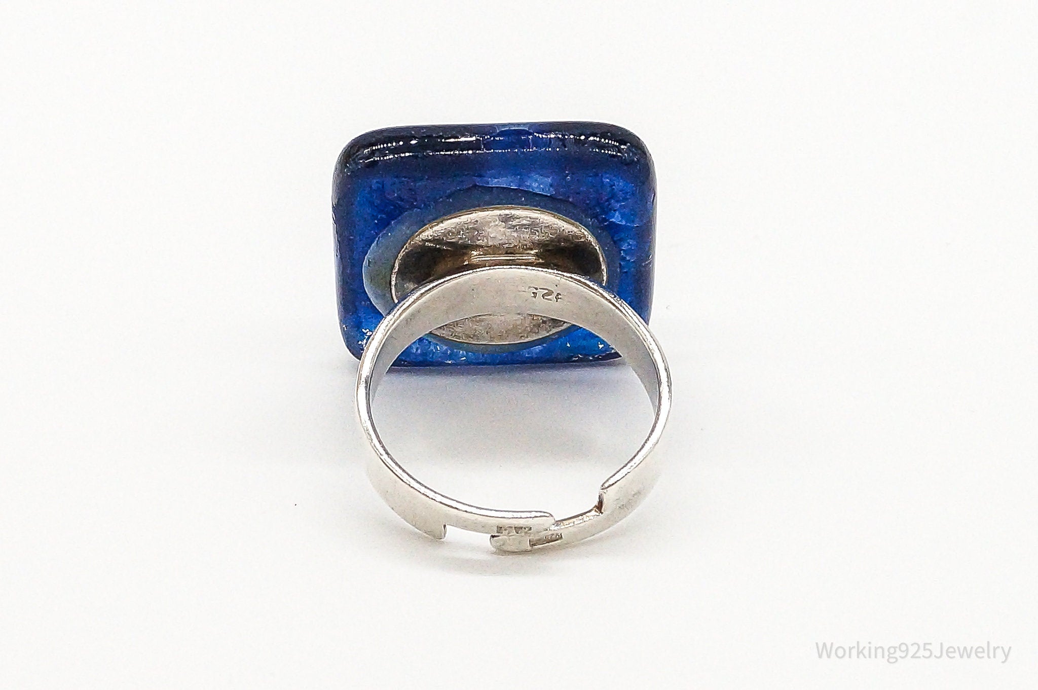 Vintage Blue Glass Sterling Silver Ring - Size 7.5 Adjustable