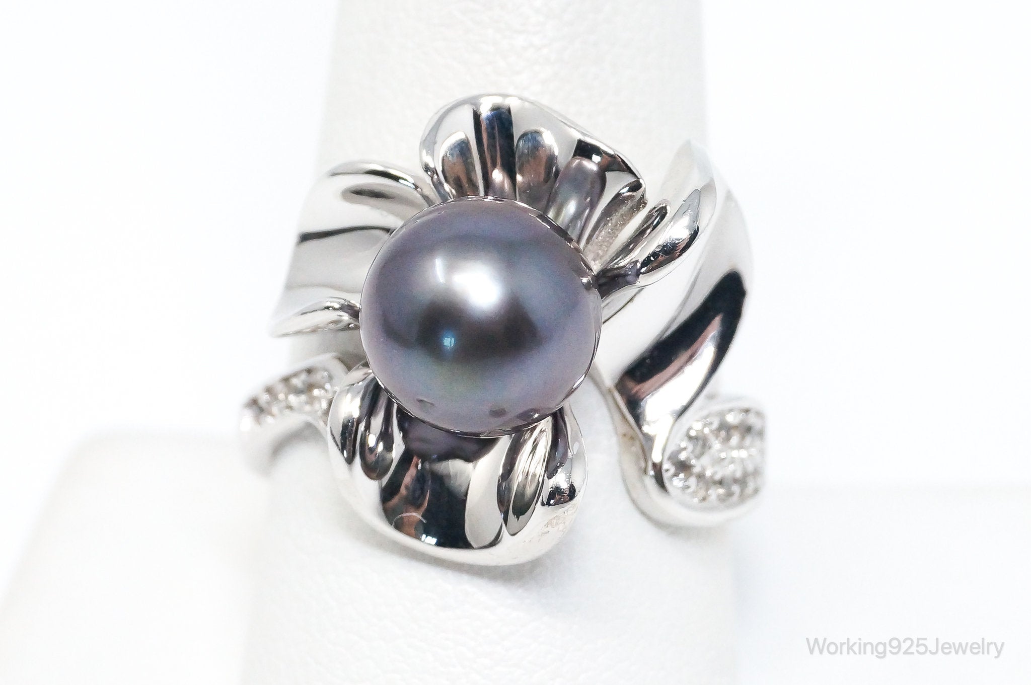 Designer Tahitian Pearl Cubic Zirconia Sterling Silver Ring SZ 9.5 Adjustable