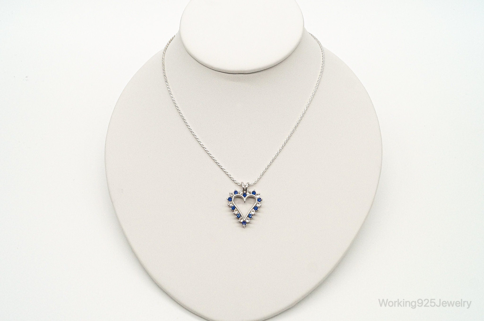 Blue & White Cubic Zirconia Heart Sterling Silver Necklace