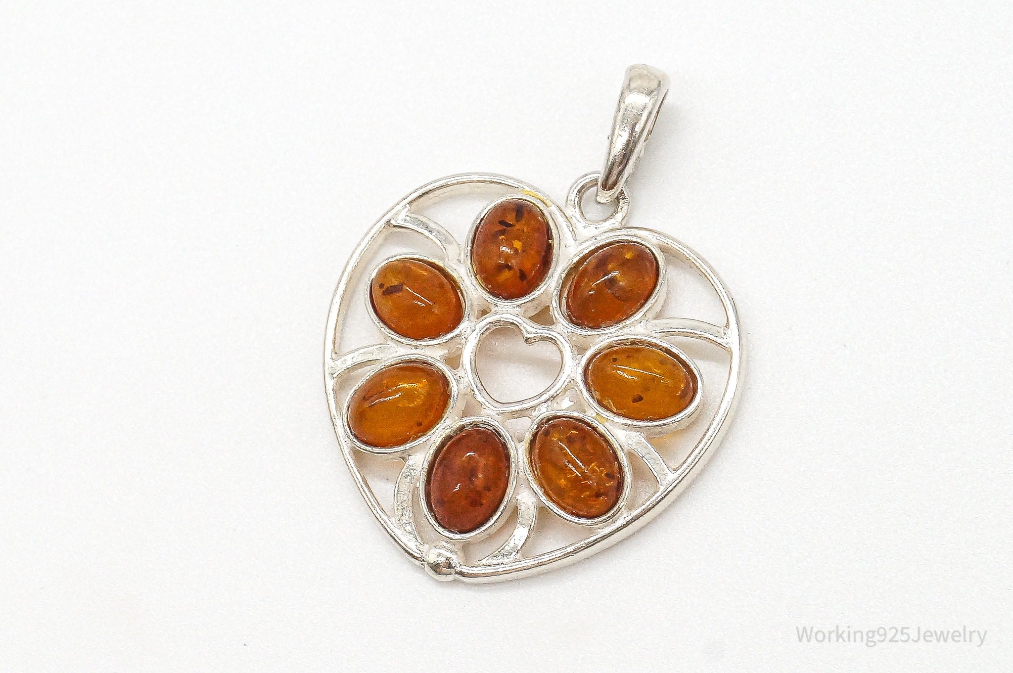 Vintage Amber Heart Modernist Sterling Silver Pendant