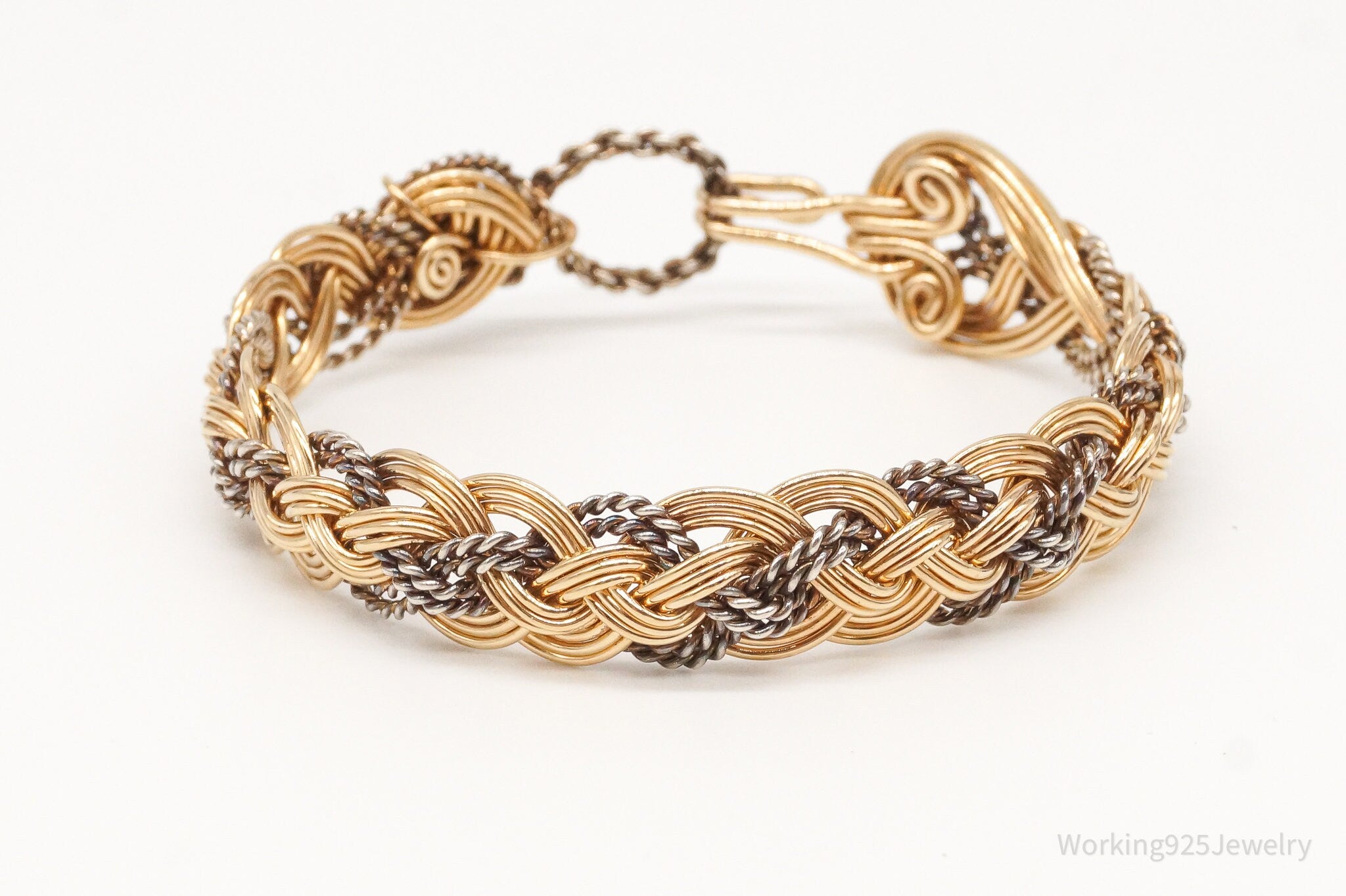 Vintage Intricate Filigree Rope Weave Braid Brass Silver Bracelet