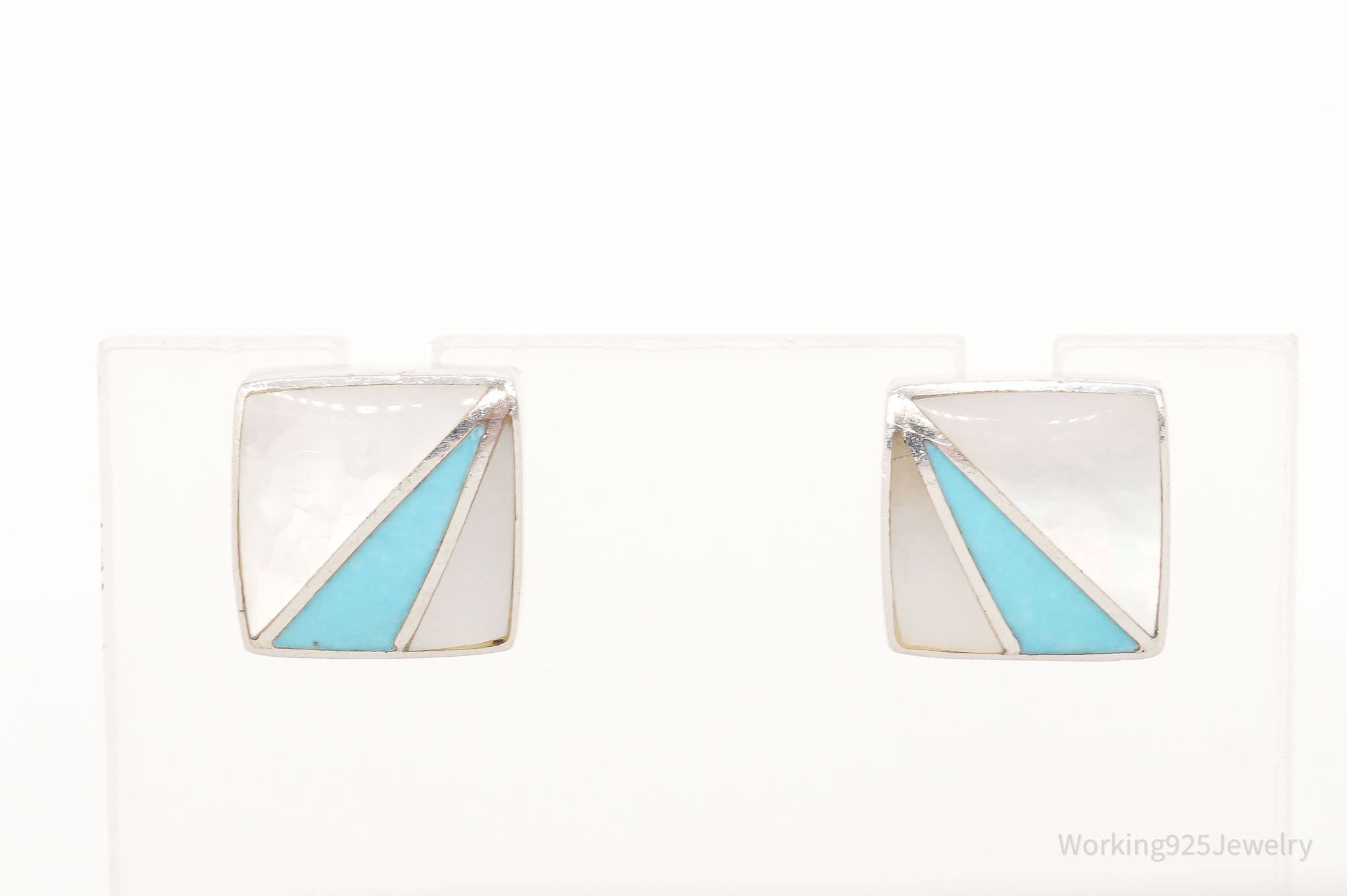 Vintage 90s Designer Acleoni Mother Of Pearl Turquoise Sterling Silver Earrings