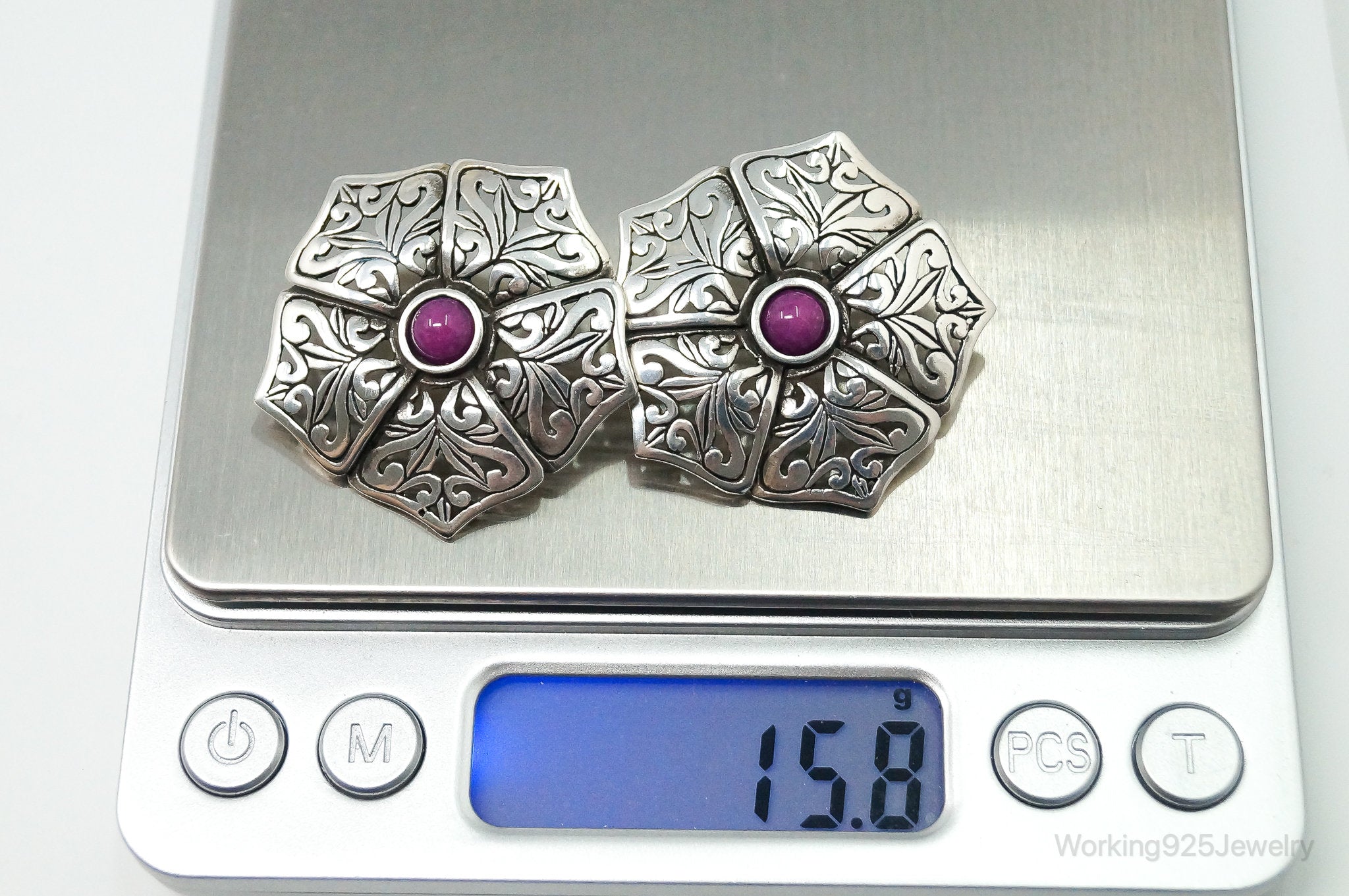 Designer Jerlaine Art Nouveau Style Sugilite Sterling Silver Earrings