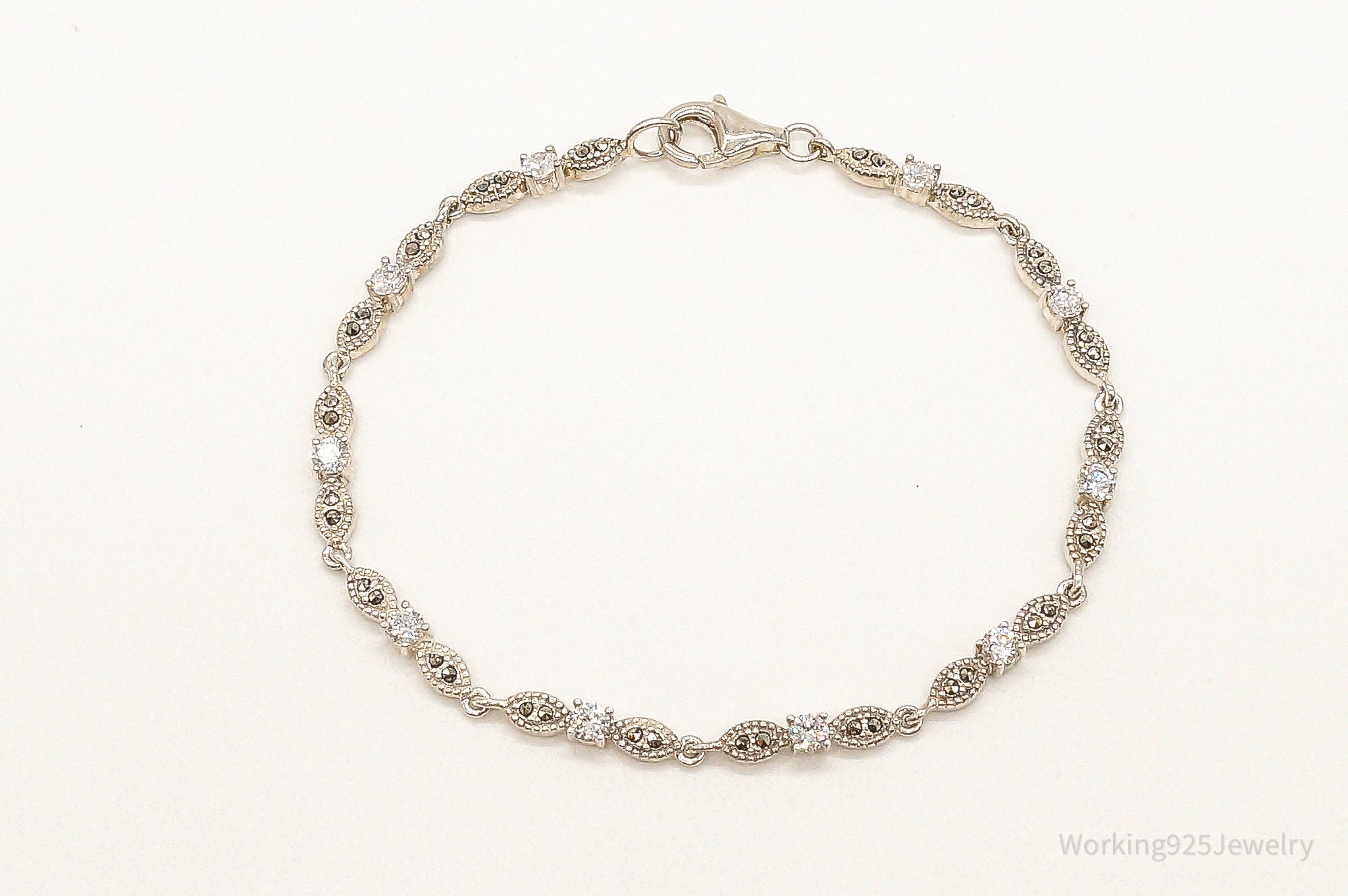 Designer Cubic Zirconia Marcasite Sterling Silver Bracelet