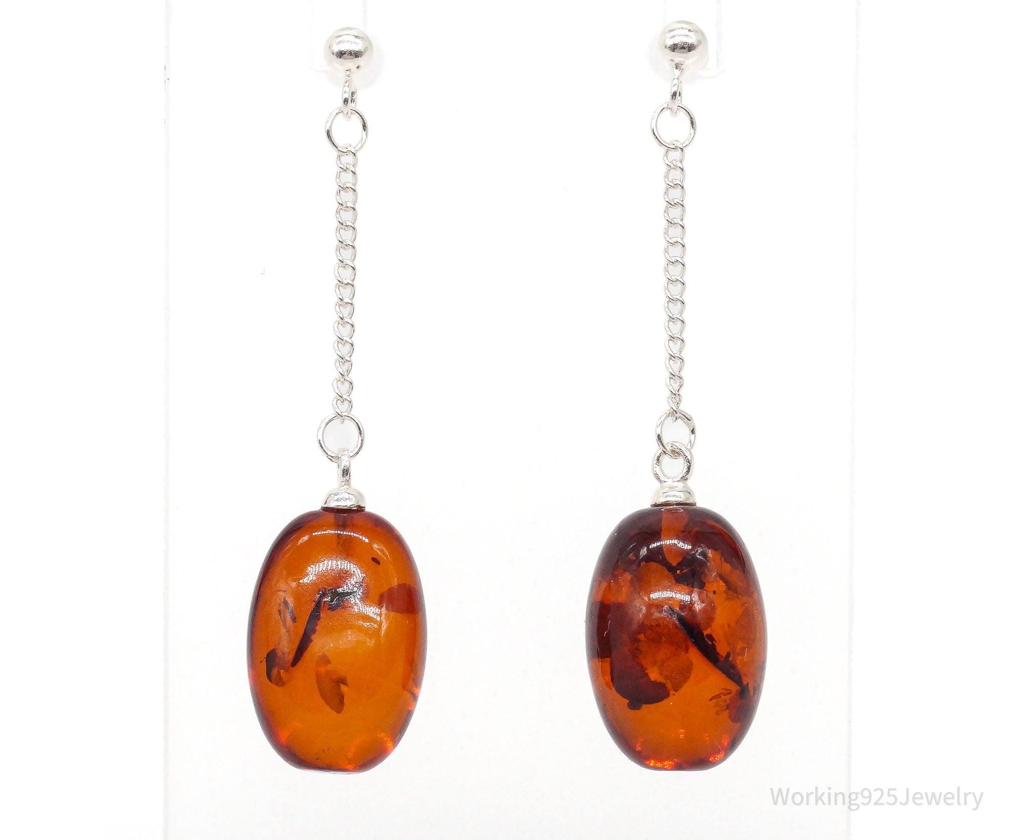 Long Vintage Amber Sterling Silver Earrings