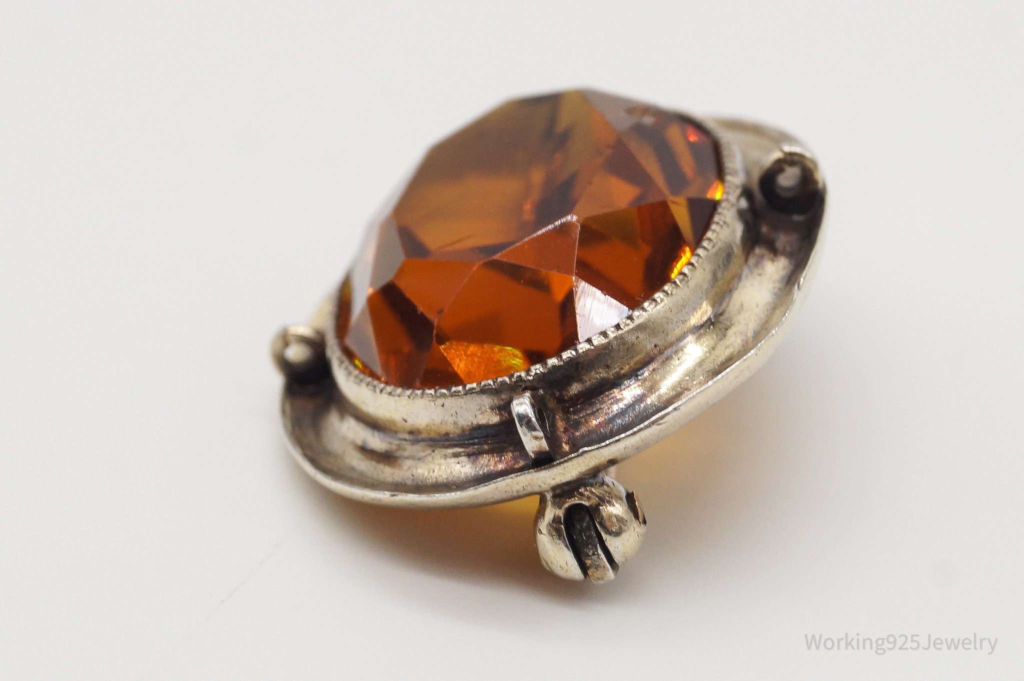 Antique Large Orange Glass Gold Tone Sterling Silver Brooch Pin