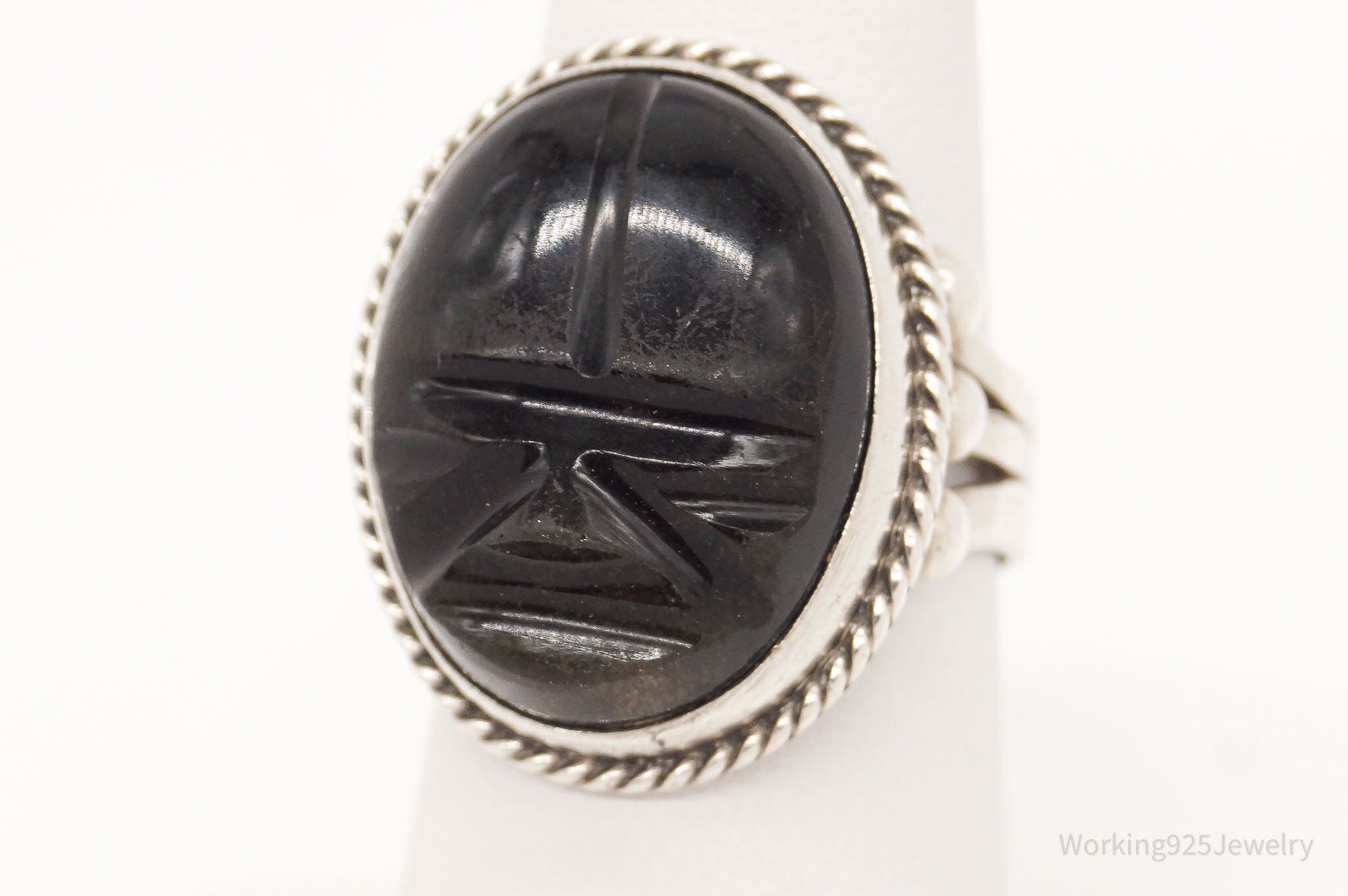 Vintage Carved Black Onyx Mask Silver Ring - Size 7.25