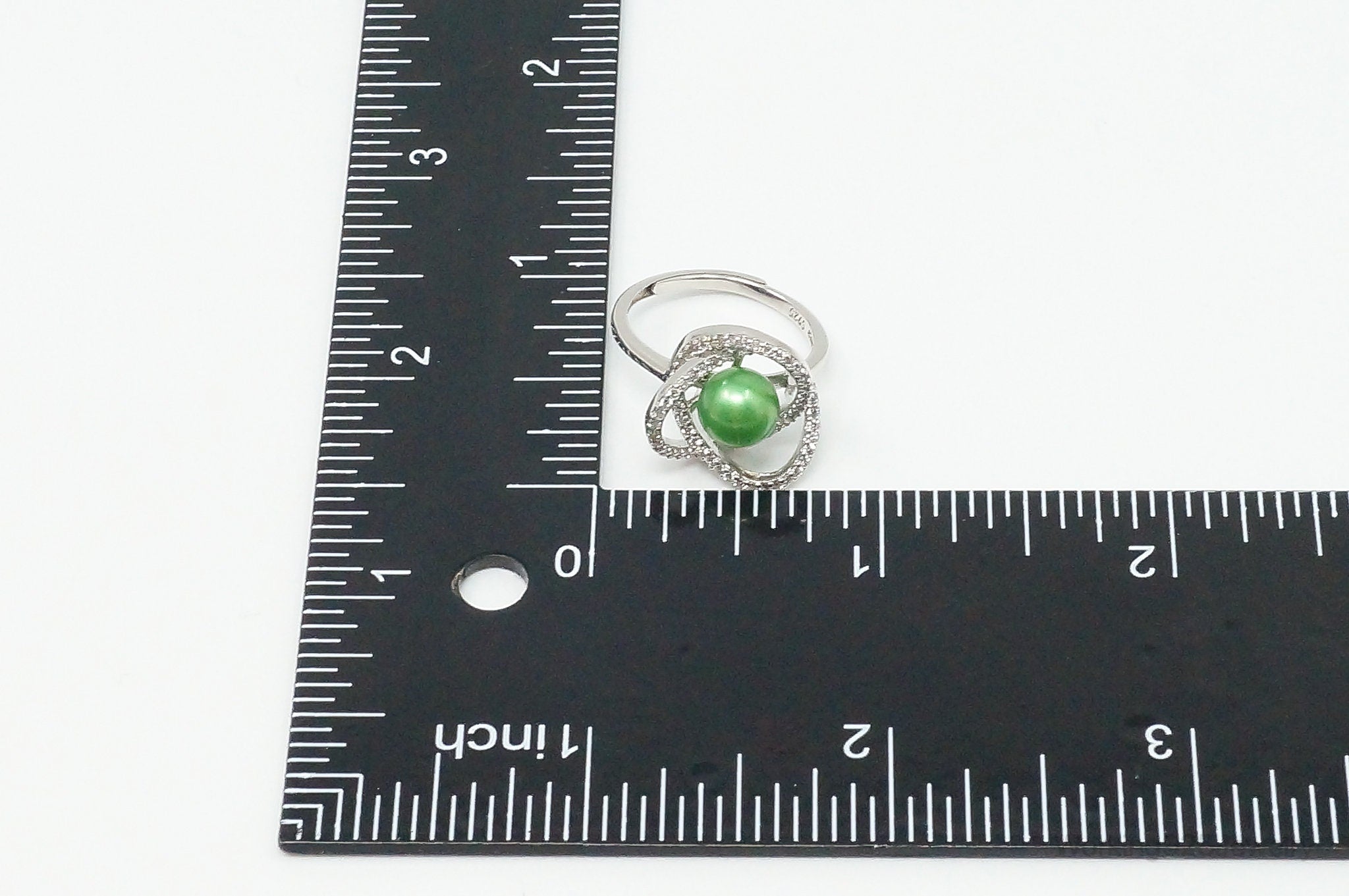 Lab Green Pearl Cubic Zirconia Sterling Silver Ring Size - 6.5 Adjustable