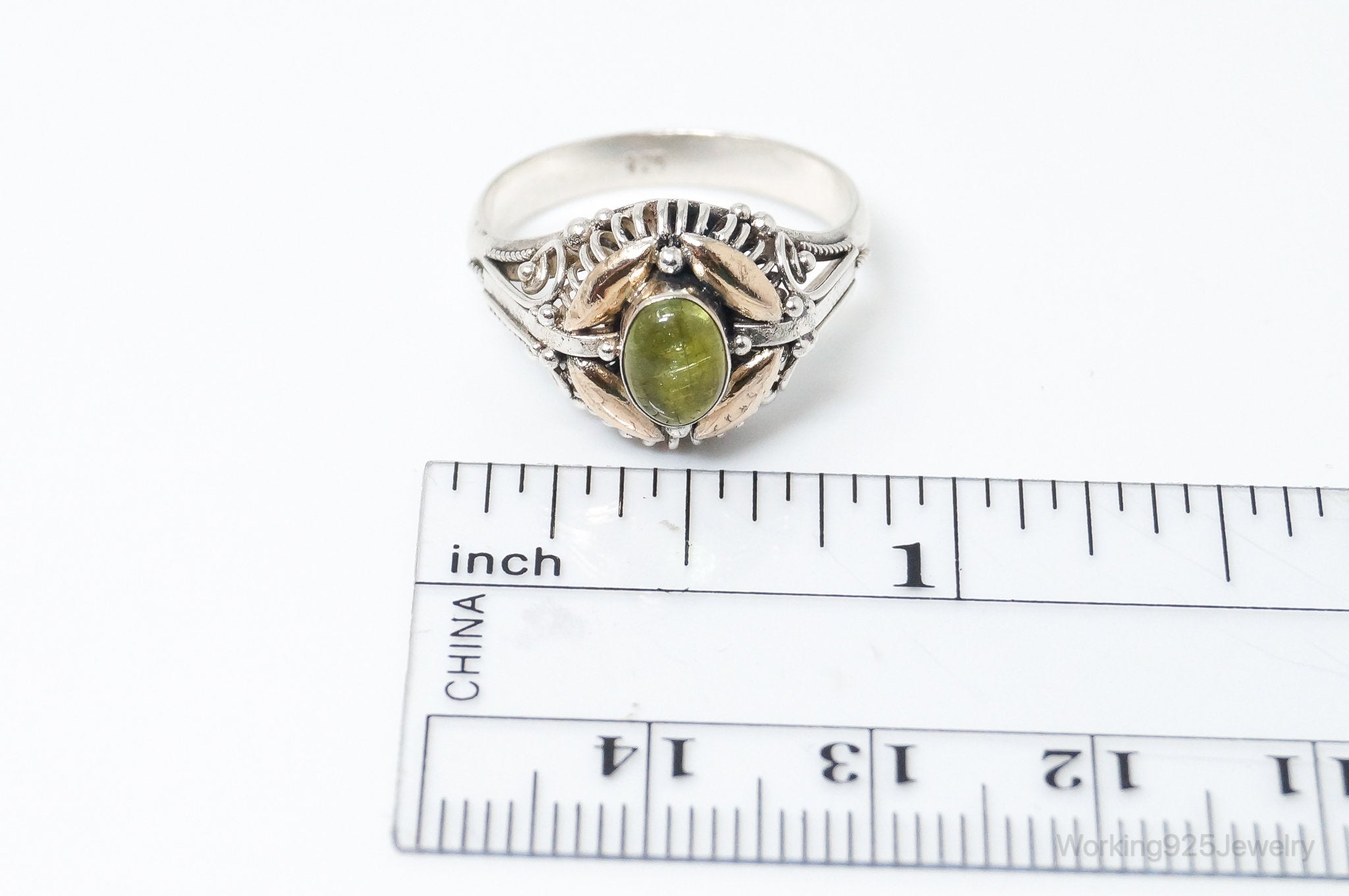 Vintage Bali Style Peridot Brass Sterling Silver Ring - Size 7.75