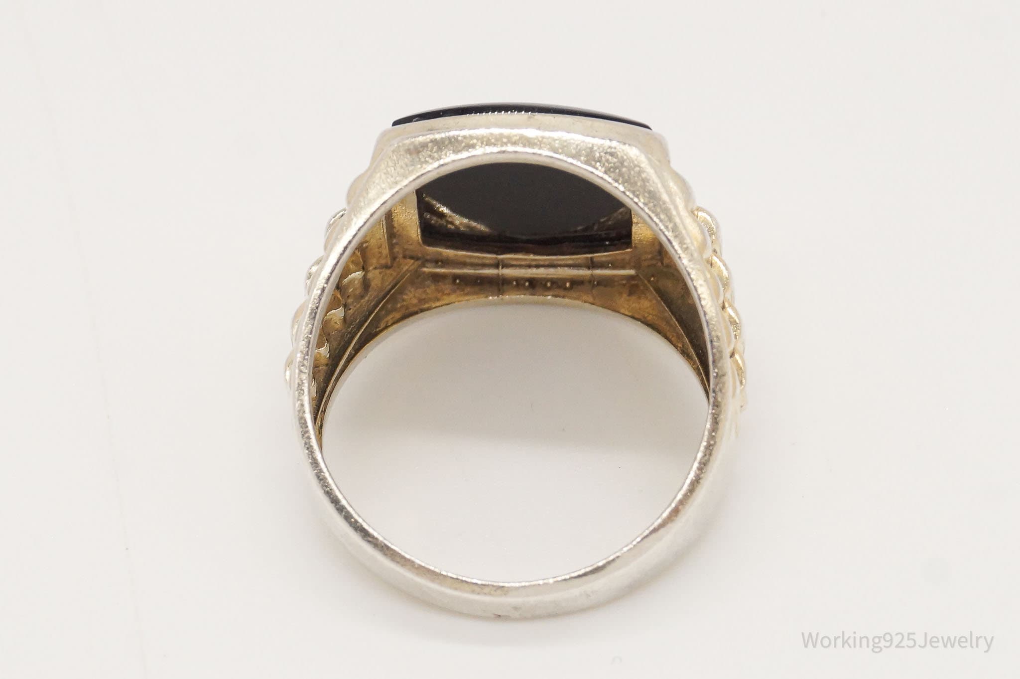 Vintage Black Onyx Two Diamond Gold Wash Sterling Silver Ring - Size 8.75