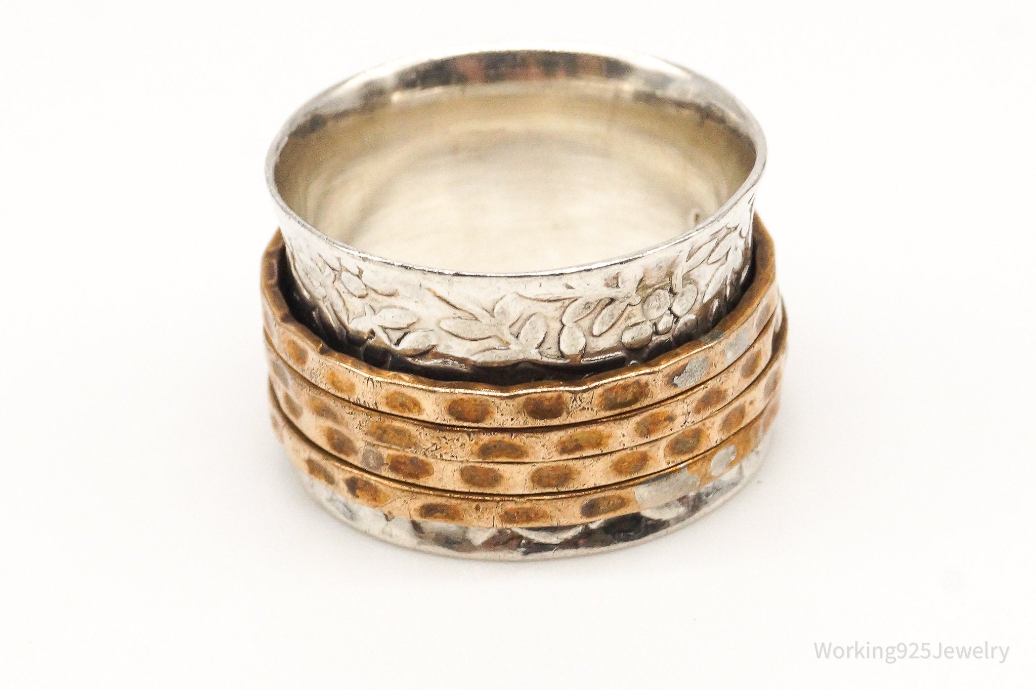 Vintage Brass Hammered Sterling Silver Spinner Ring - Size 8.25