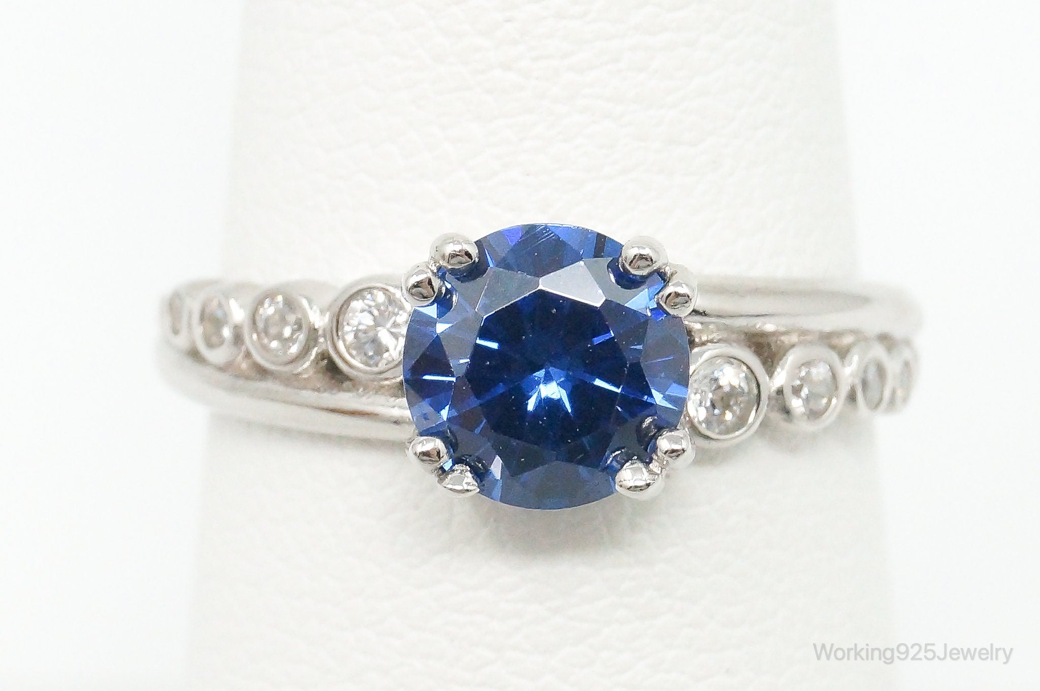 Blue & White Cubic Zirconia Sterling Silver Ring - Size 7