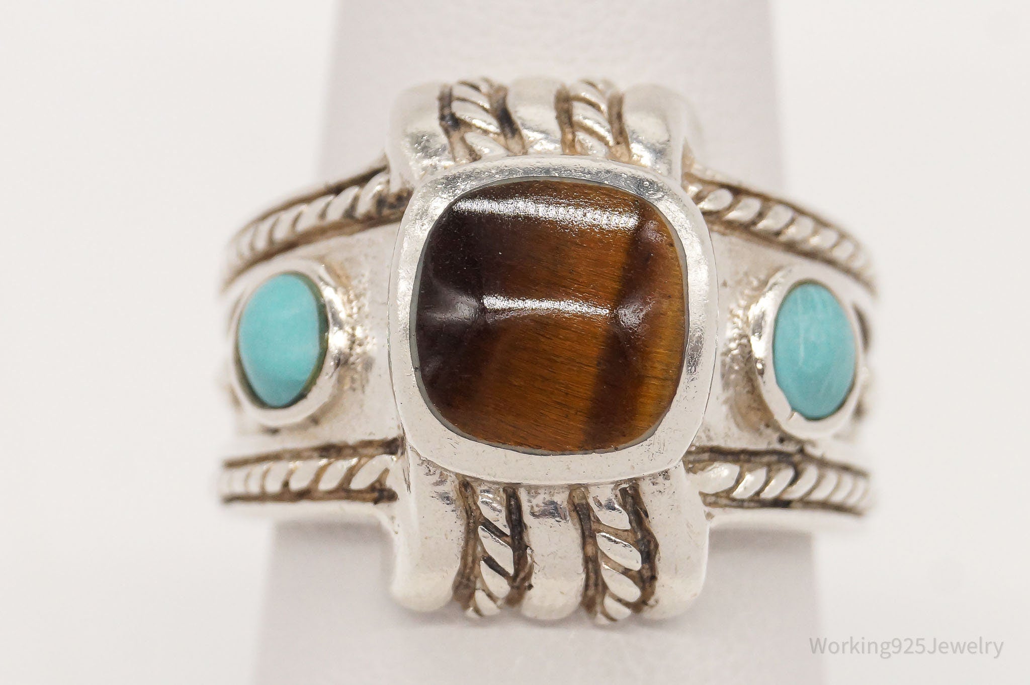 Vintage Designer CFJ Tigers Eye Turquoise Sterling Silver Ring - Size 7.75