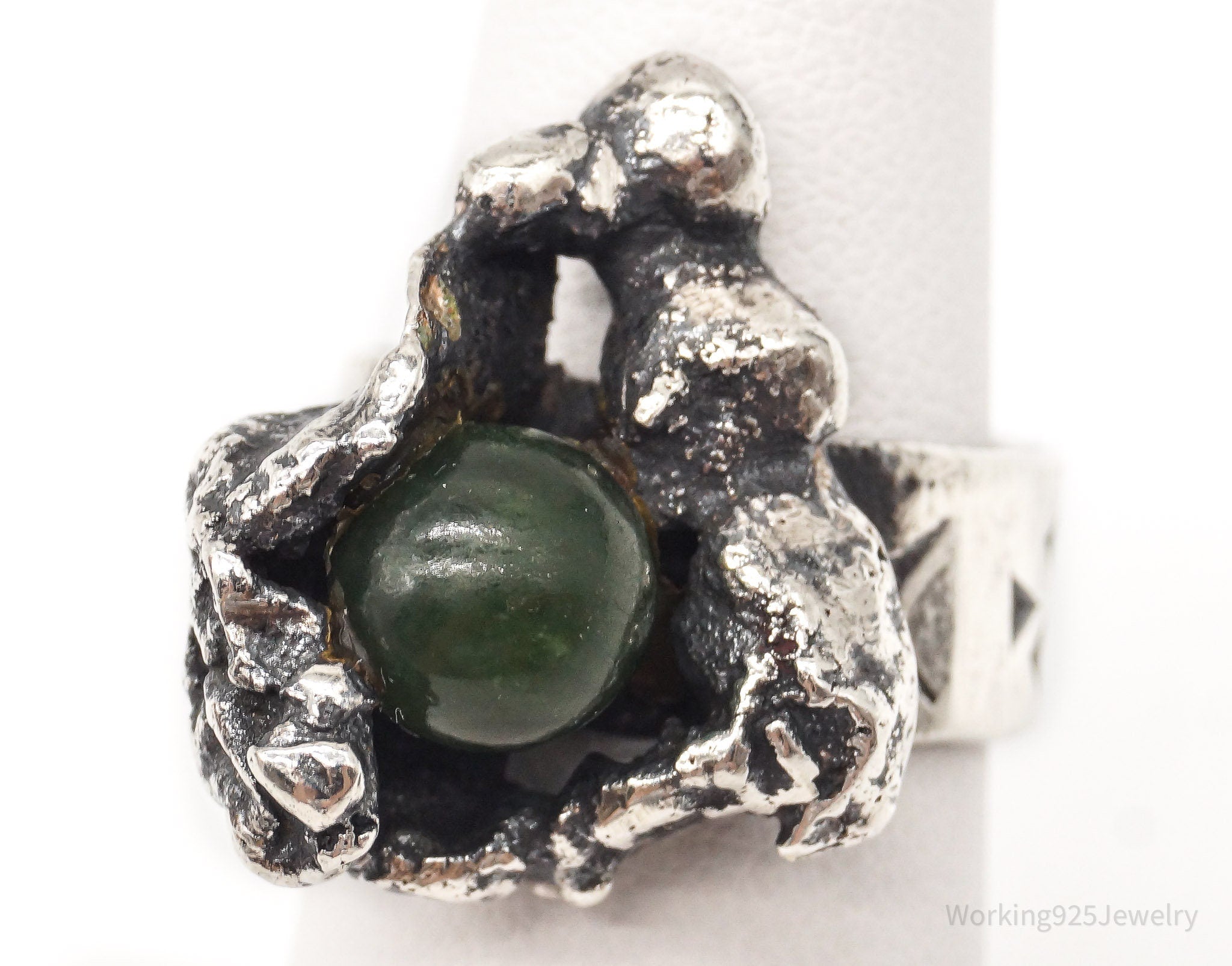 Vintage Brutalist Jade Sterling Silver Ring - Size 6.25