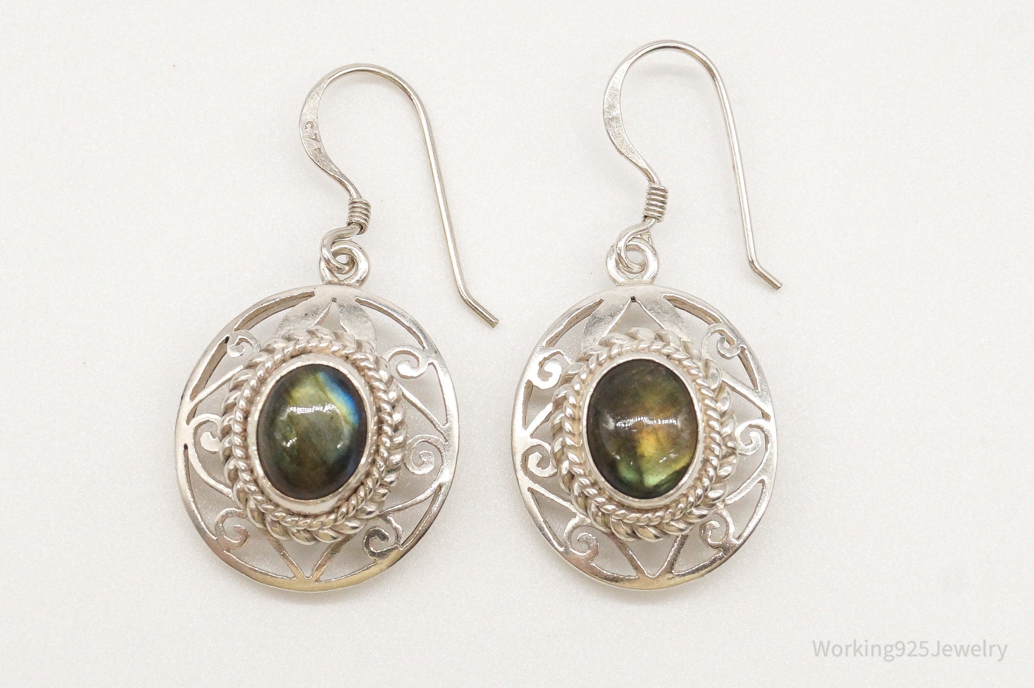 Vintage Labradorite Bali Inspired Filigree Openwork Sterling Silver Earrings